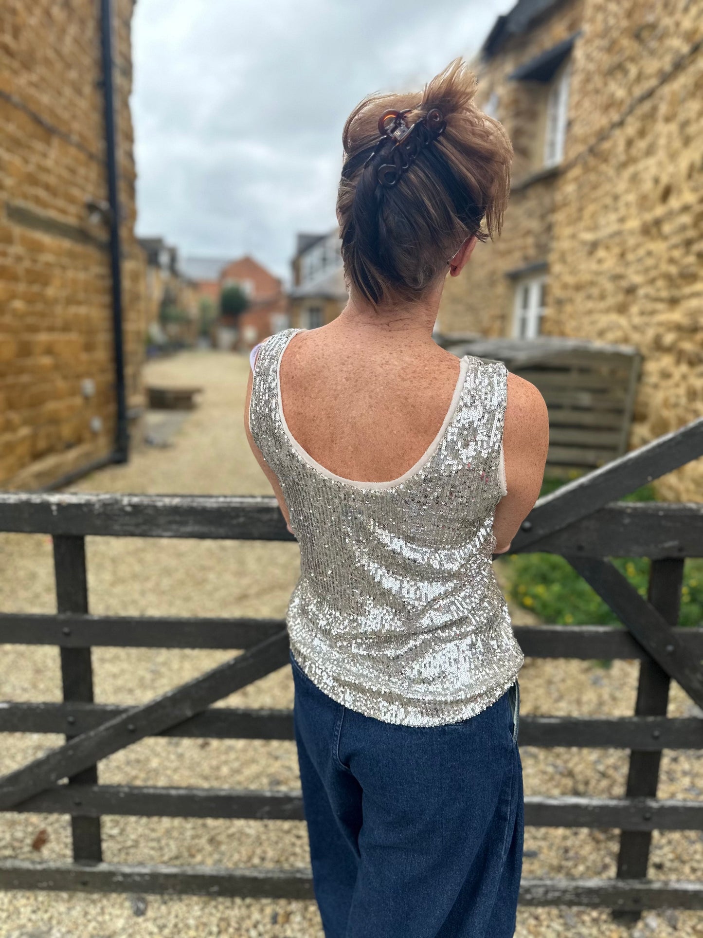 Carla Ruiz Tops Stardust Sequin Top in Off White