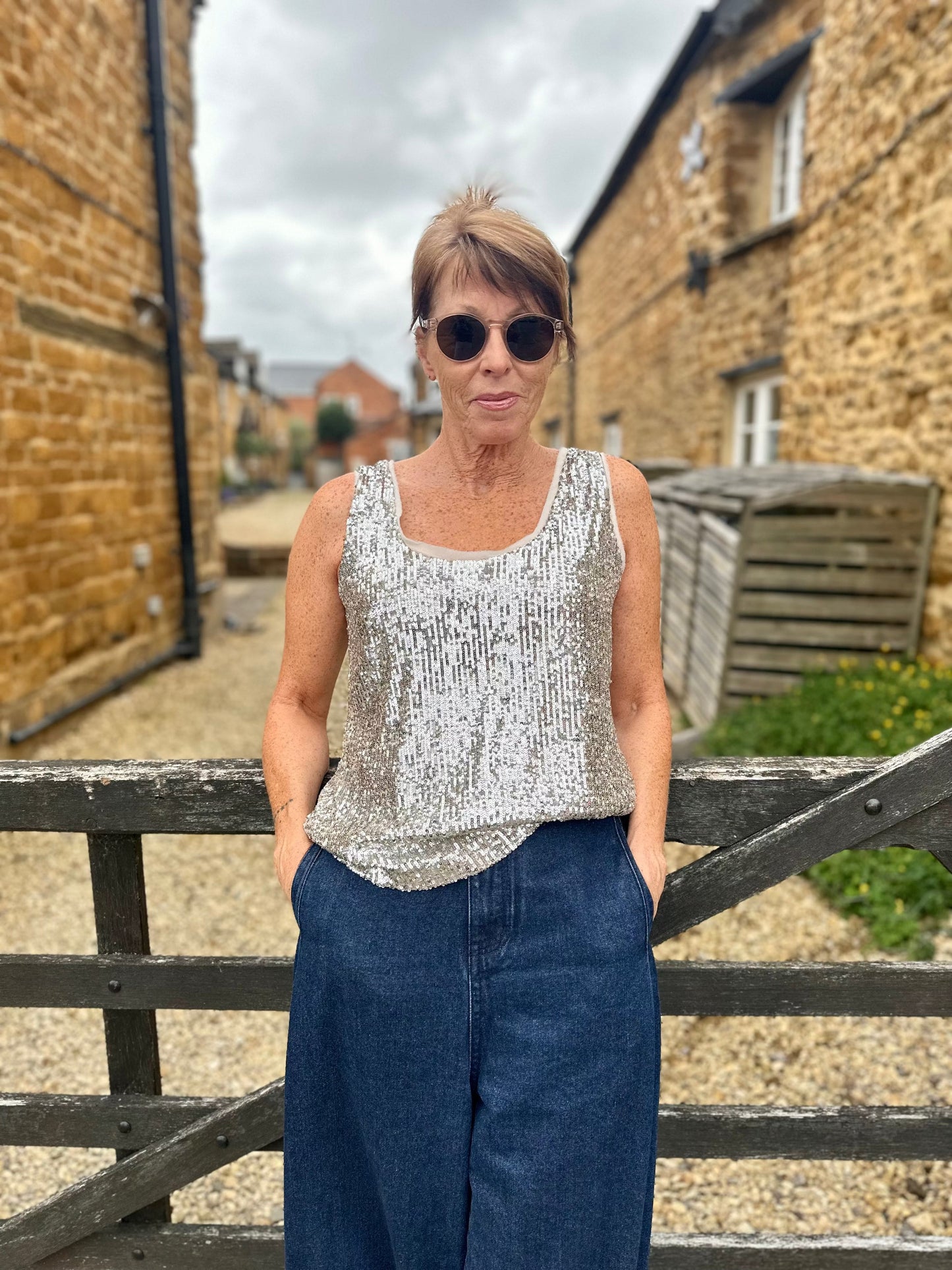 Carla Ruiz Tops Stardust Sequin Top in Off White