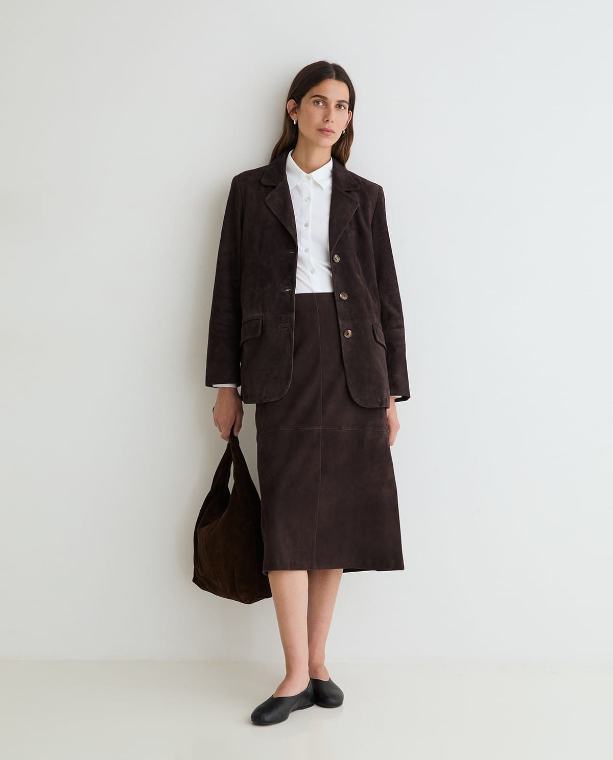 The Margot Suede Midi Skirt in Chocolate