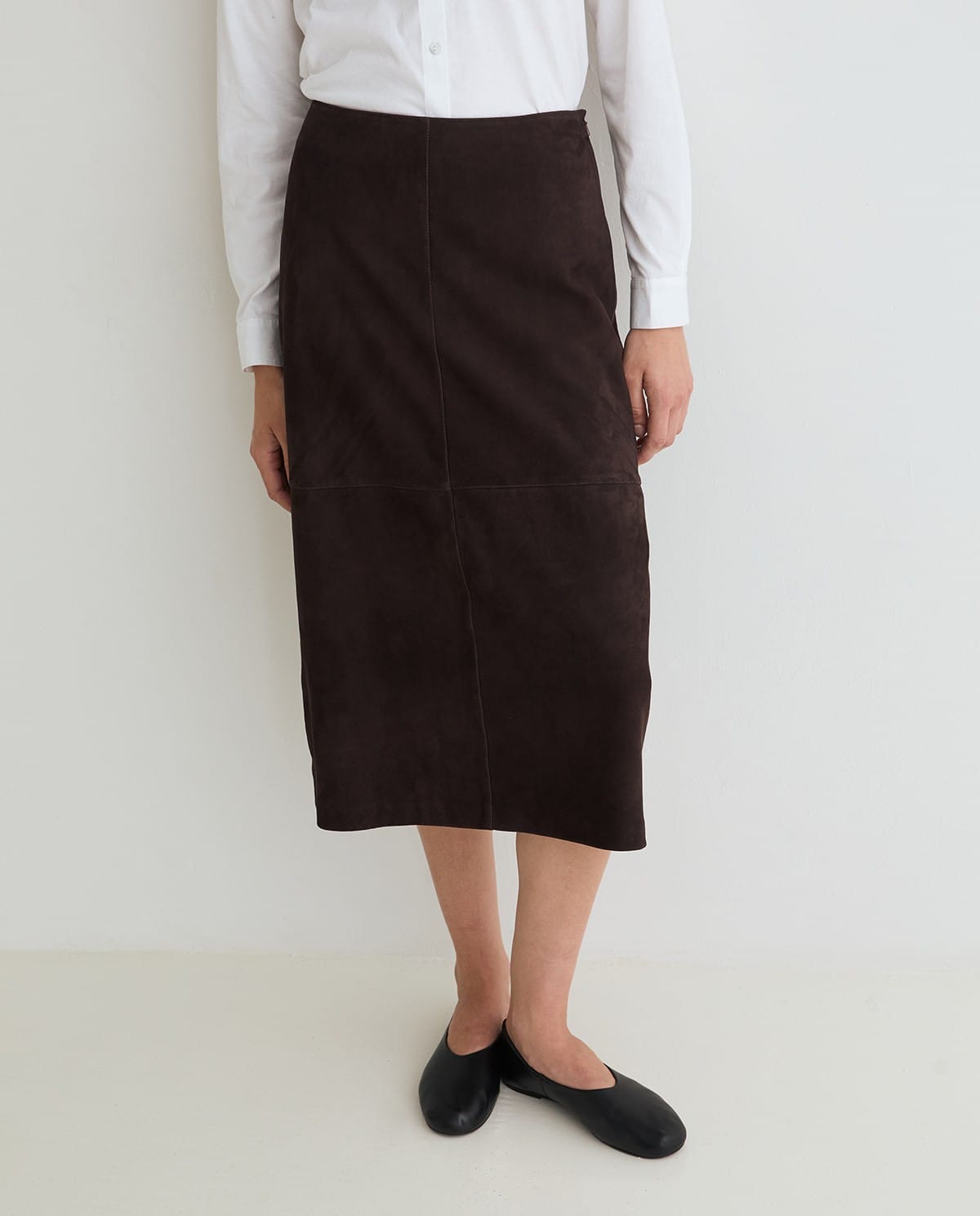 The Margot Suede Midi Skirt in Chocolate