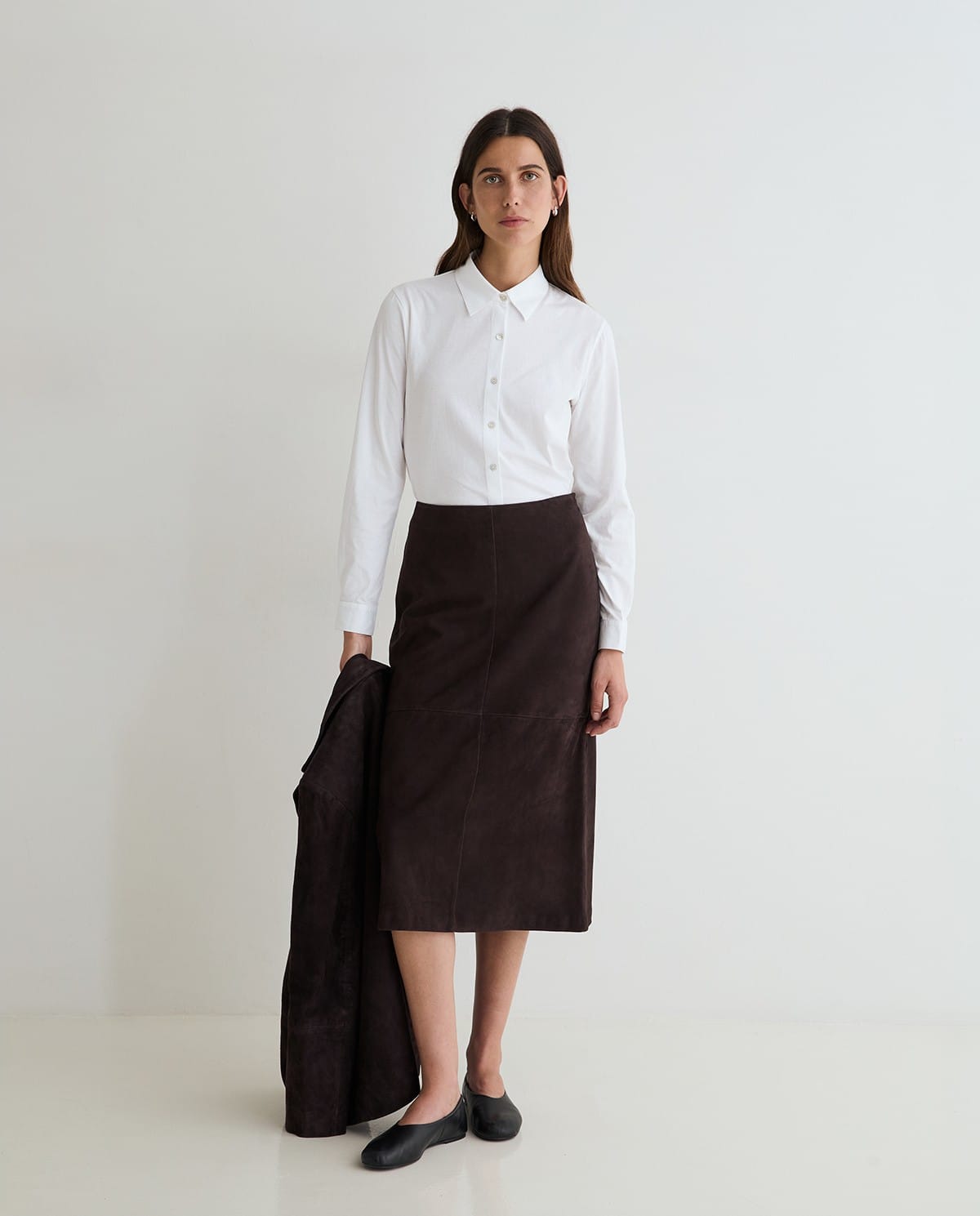 The Margot Suede Midi Skirt in Chocolate