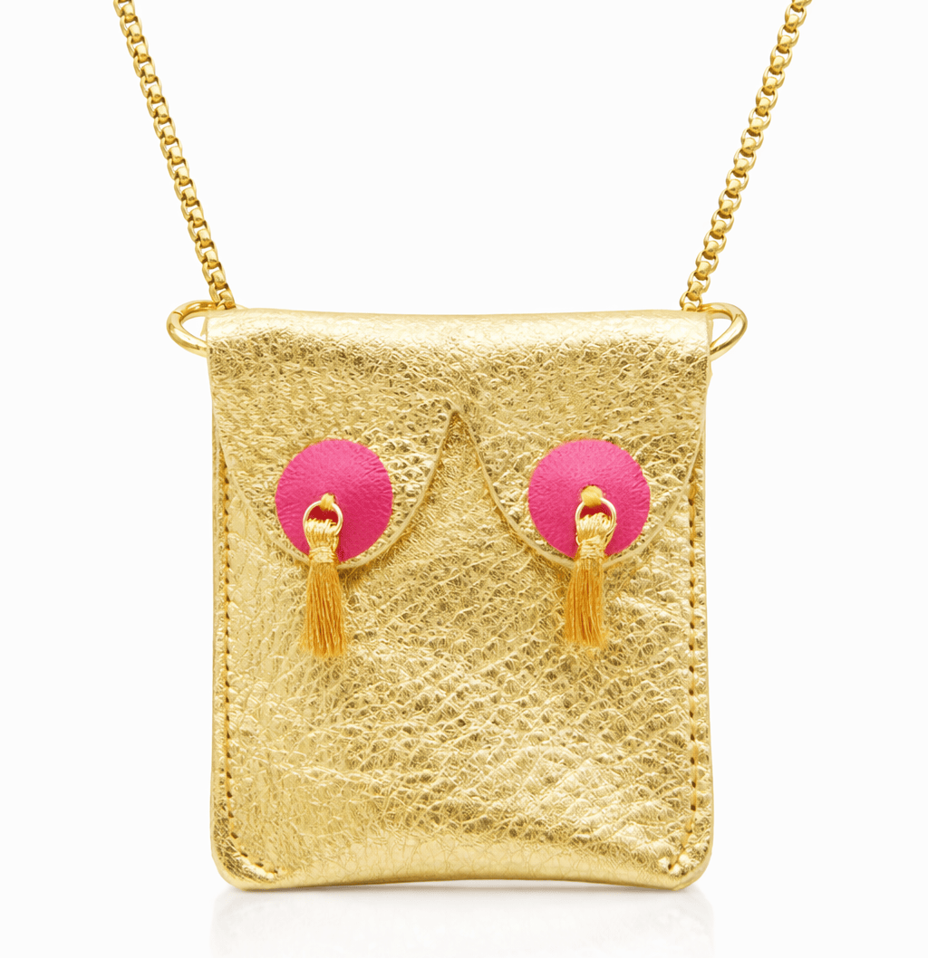 'Alkemest Festival Accessory – Gold lLeather Boob Purse Necklace : Gold