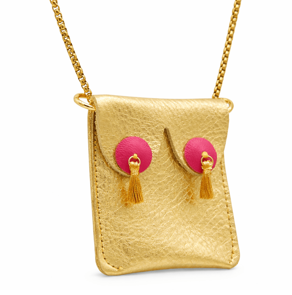 'Alkemest Festival Accessory – Gold lLeather Boob Purse Necklace : Gold