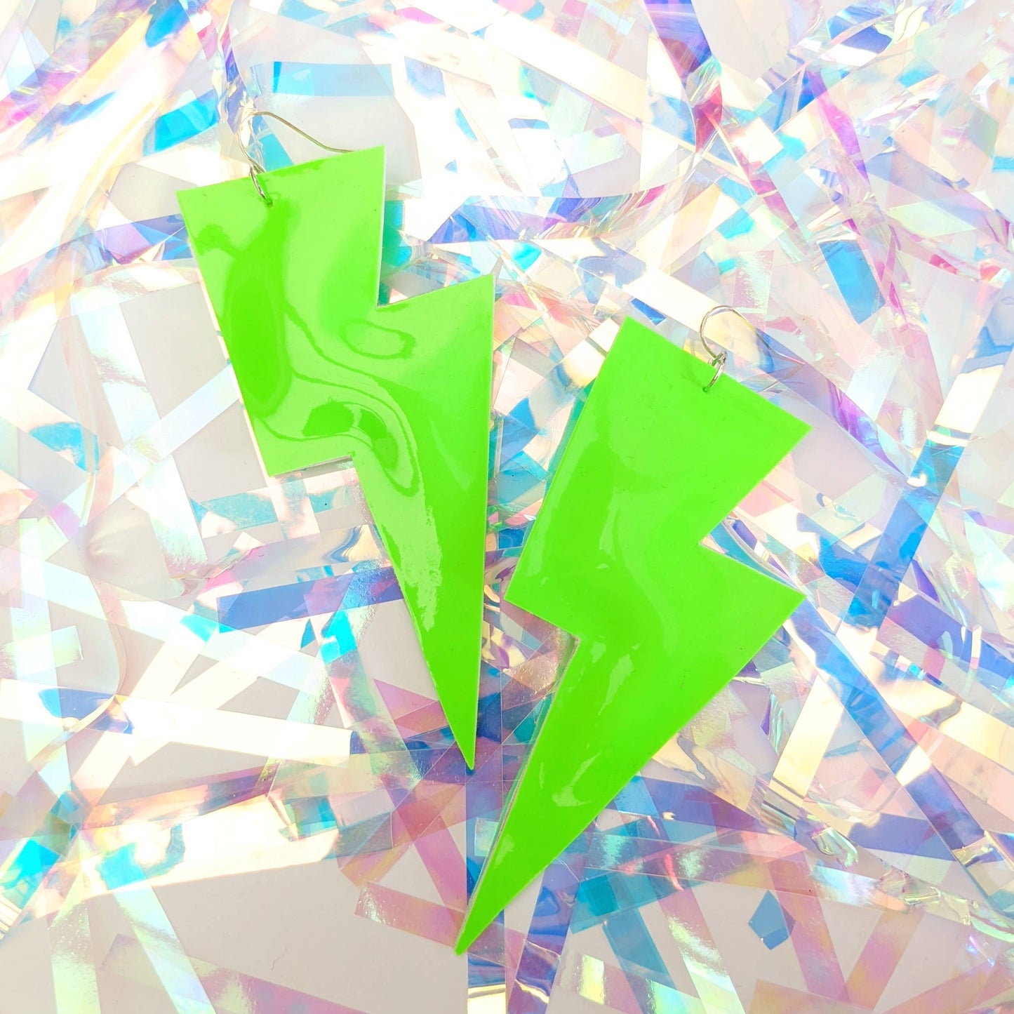 All The Discos Earrings Large Neon Patent Green Lightning Bolt Dangle Earrings