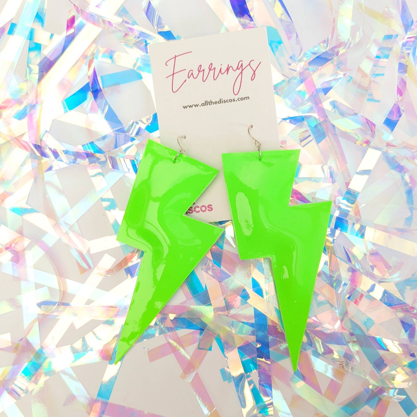All The Discos Earrings Large Neon Patent Green Lightning Bolt Dangle Earrings