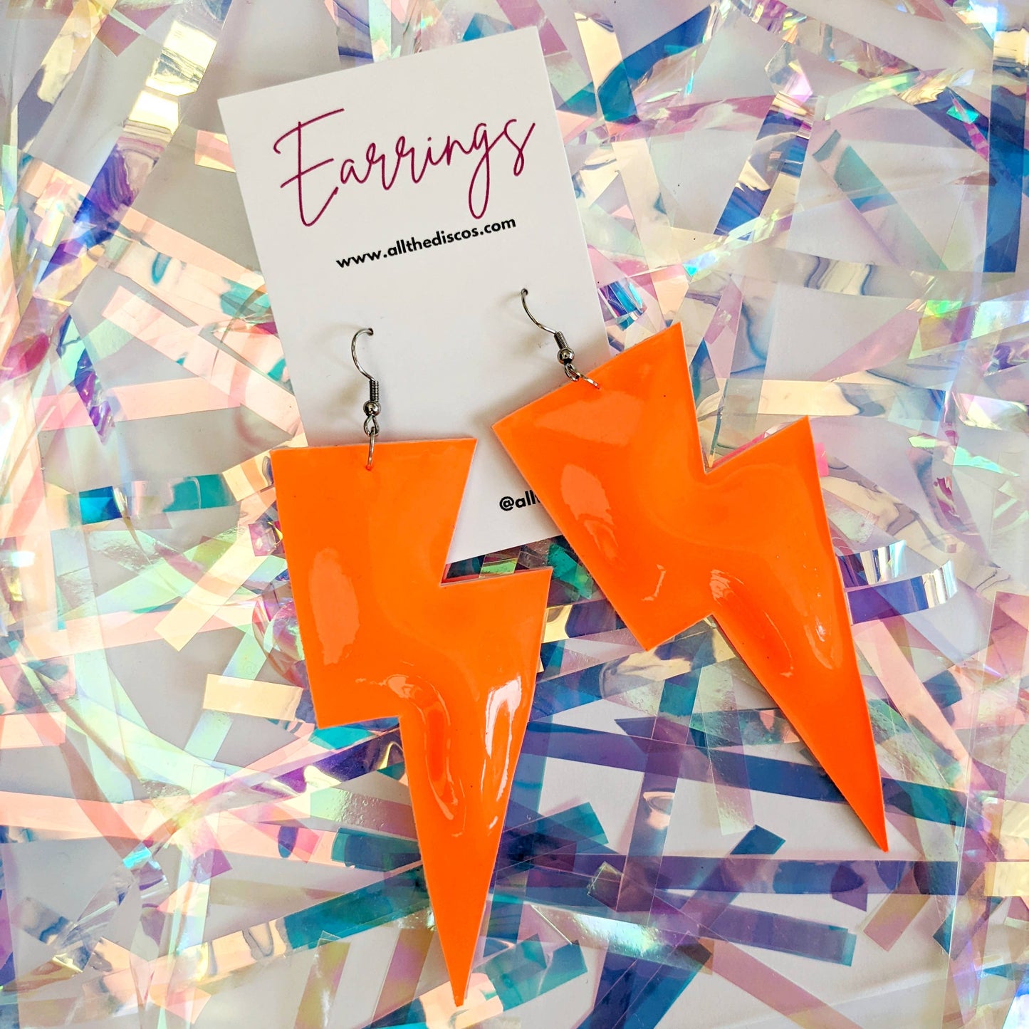 All The Discos Earrings Large Neon Patent Orange Lightning Bolt Dangle Earrings