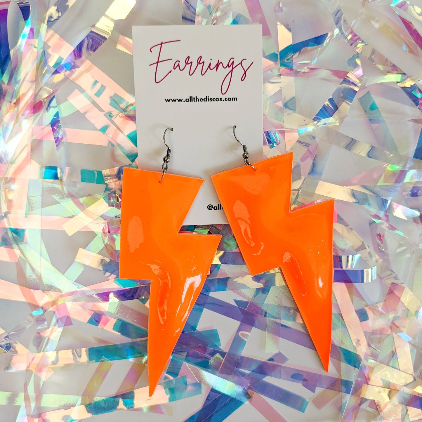 All The Discos Earrings Large Neon Patent Orange Lightning Bolt Dangle Earrings