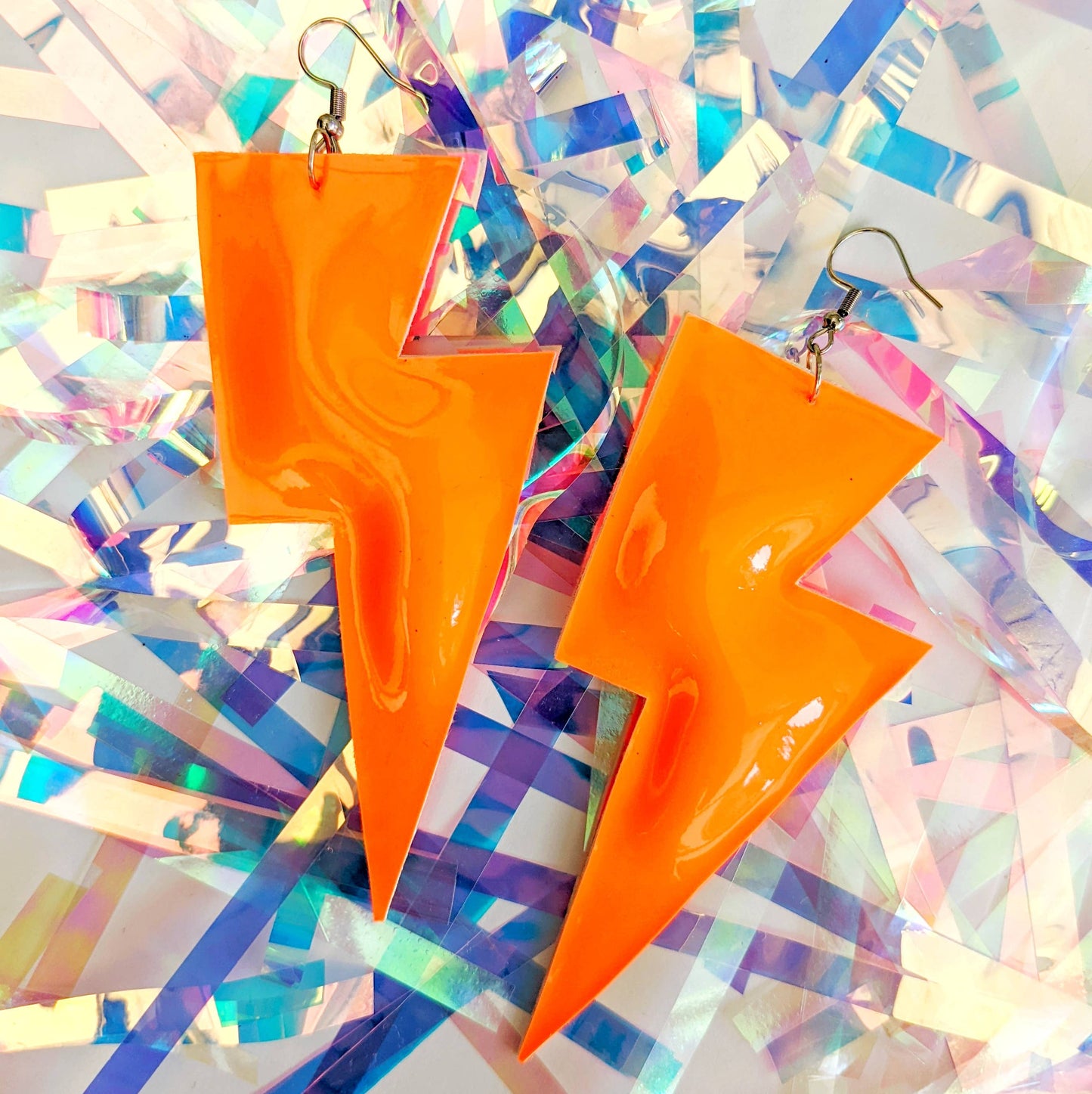 All The Discos Earrings Large Neon Patent Orange Lightning Bolt Dangle Earrings