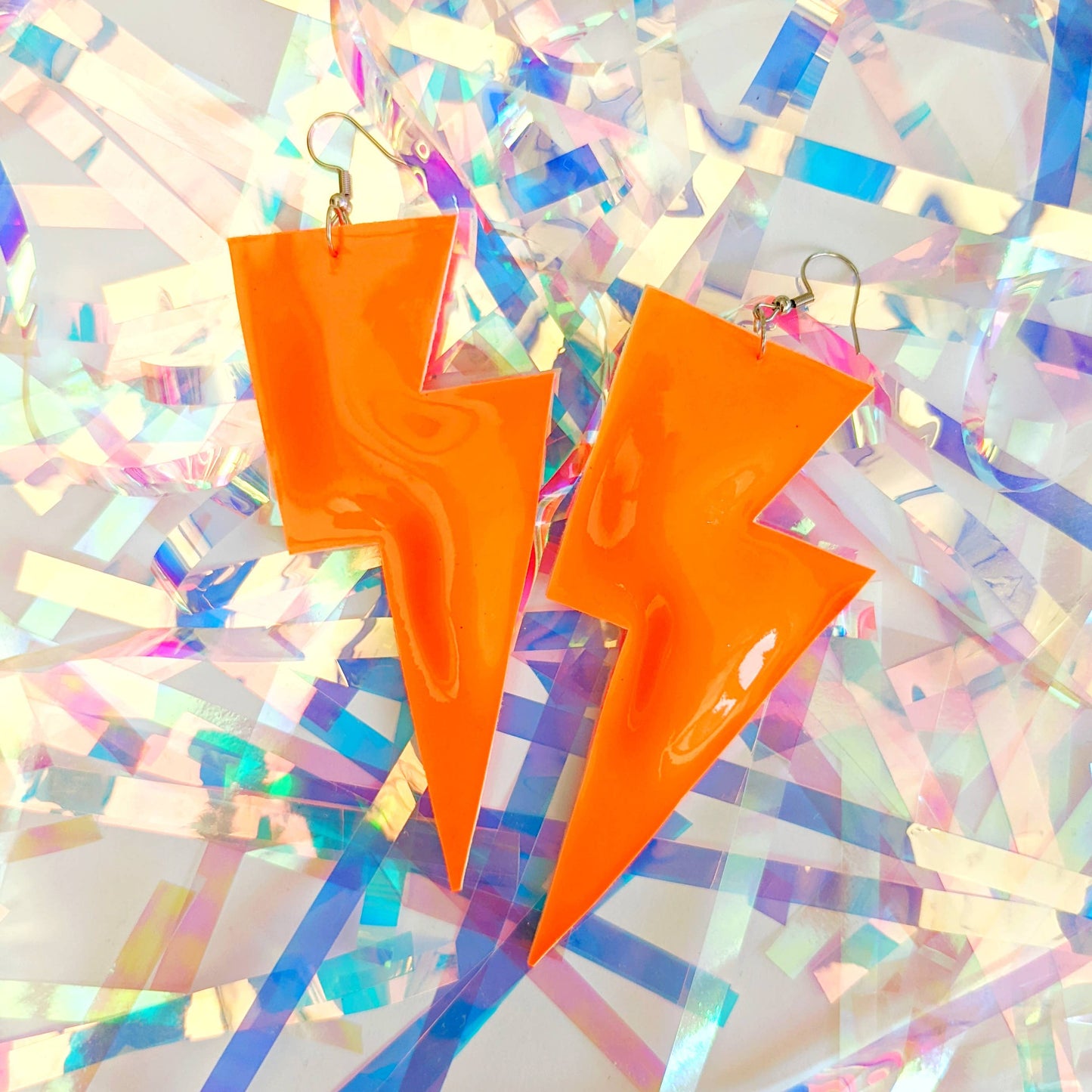All The Discos Earrings Large Neon Patent Orange Lightning Bolt Dangle Earrings