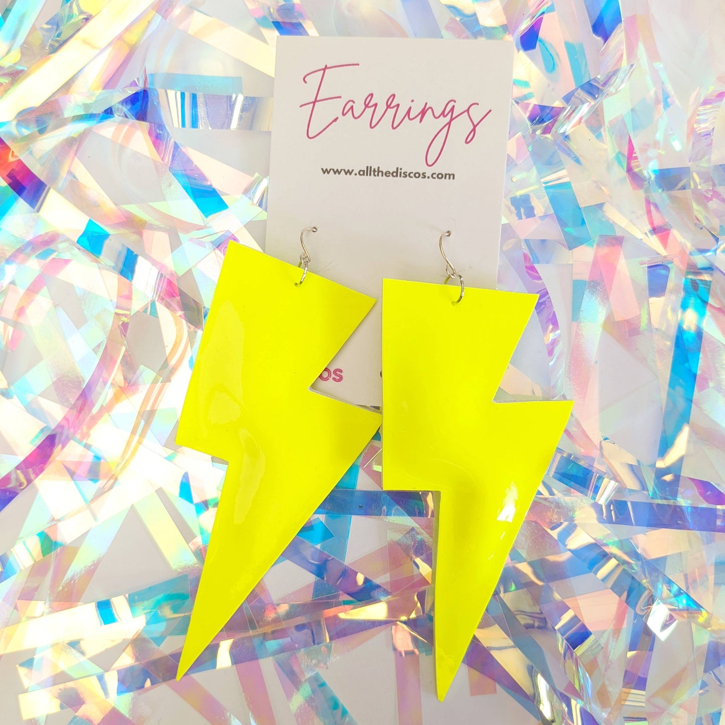 All The Discos Earrings Large Neon Patent Yellow Lightning Bolt Dangle Earrings