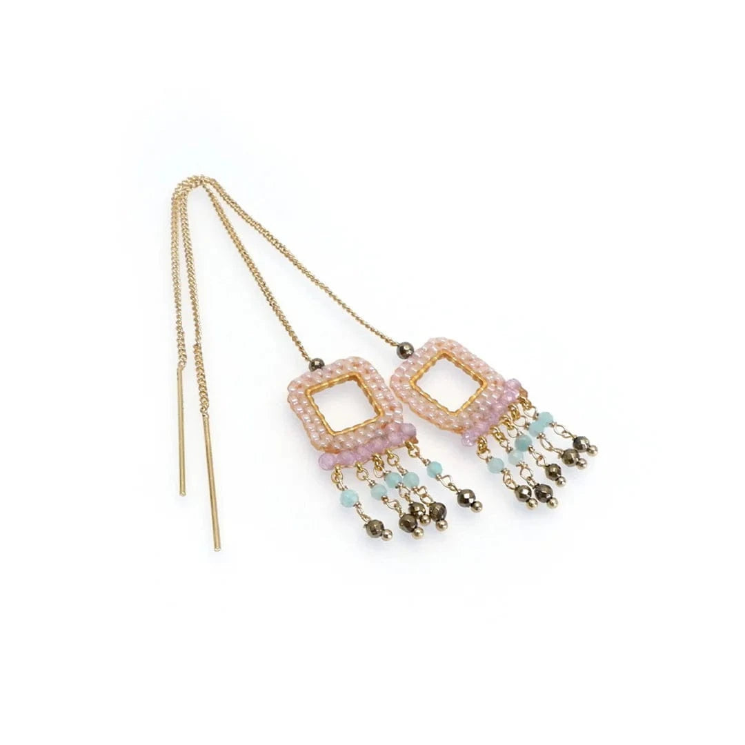 Annabella Moore Earrings Handcrafted Amazonite and Cat's Eye Gemstone Threader Earrings