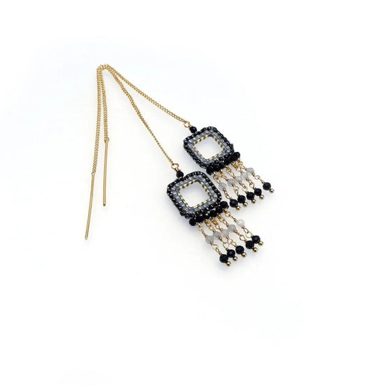 Annabella Moore Earrings Handcrafted Black Onyx and Cat's Eye Gemstone Threader Earrings