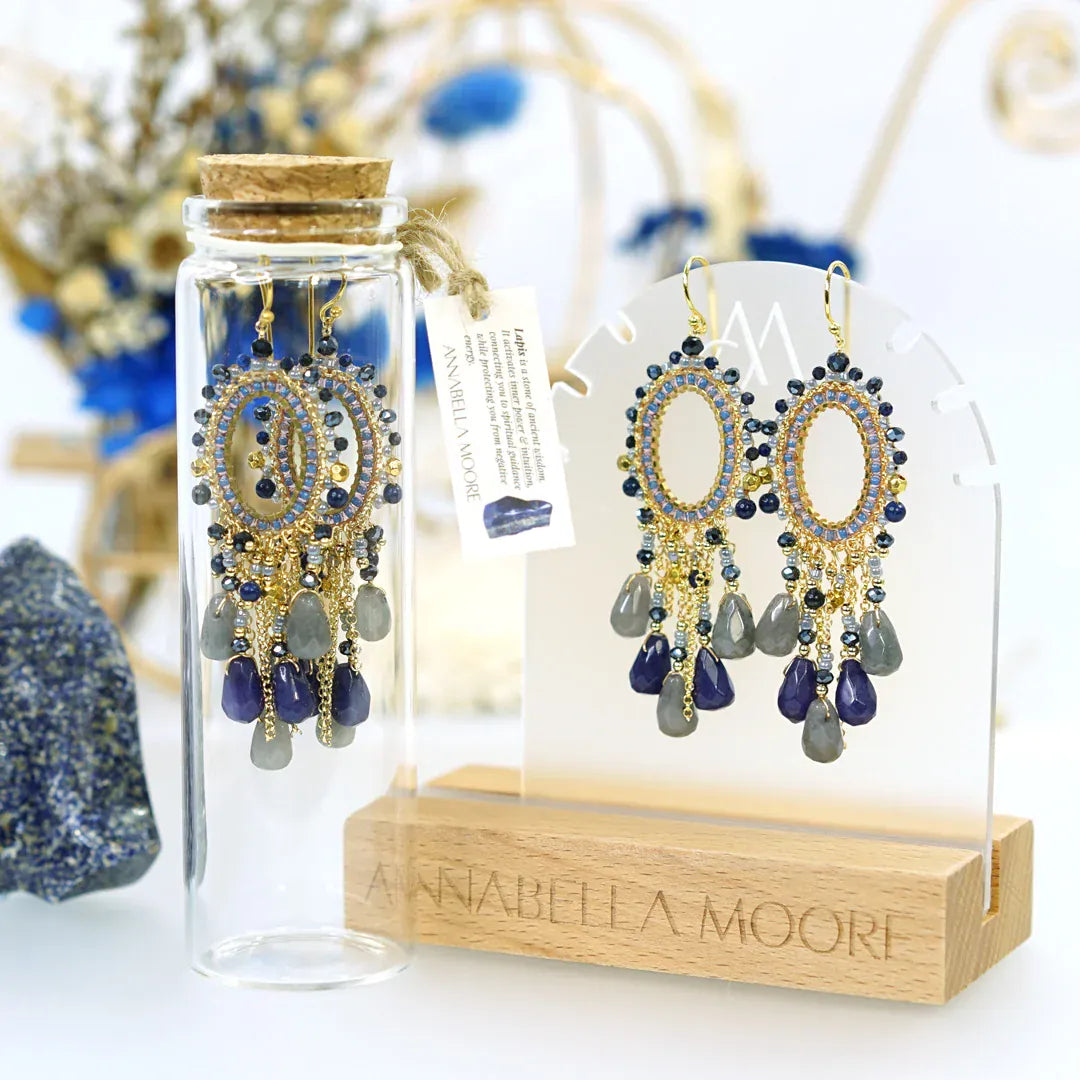 Annabella Moore Jewellery Blue Gemstone and Crystal Drop Earrings 18K Gold-Plated Earrings