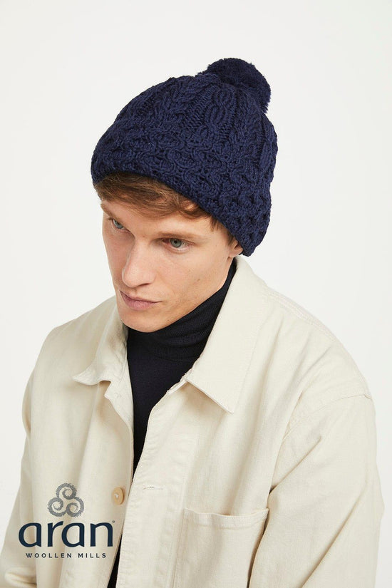 Aran Woollen Mills Hats & Gloves NAVY / ONE SIZE Honeycomb Cable Merino Cable Pom Hat