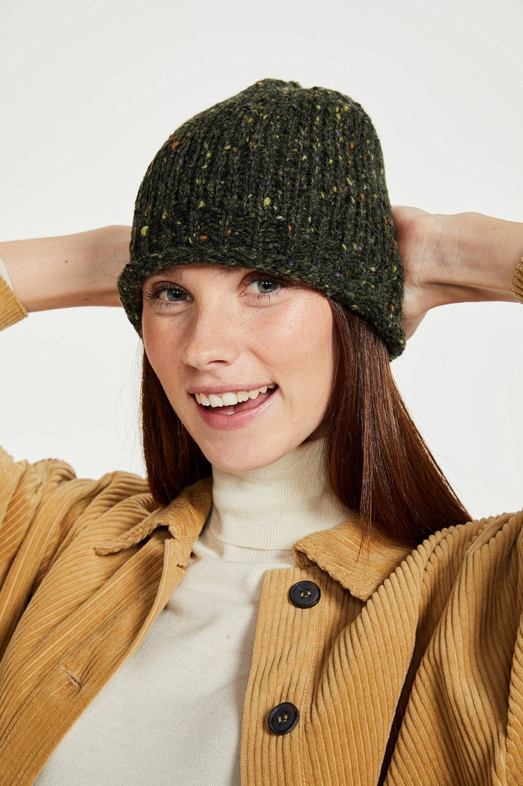 Aran Woollen Mills Hats & Gloves Roll Hem Beanie in Green