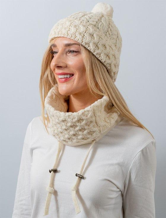 Aran Woollen Mills Hats & Gloves WHITE / ONE SIZE Honeycomb Cable Merino Cable Pom Hat