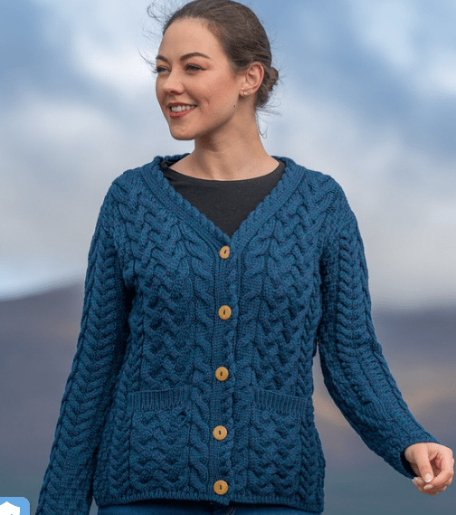 Aran Woollen Mills Knitwear Aran Knit Shaped Button Cardigan in Blue