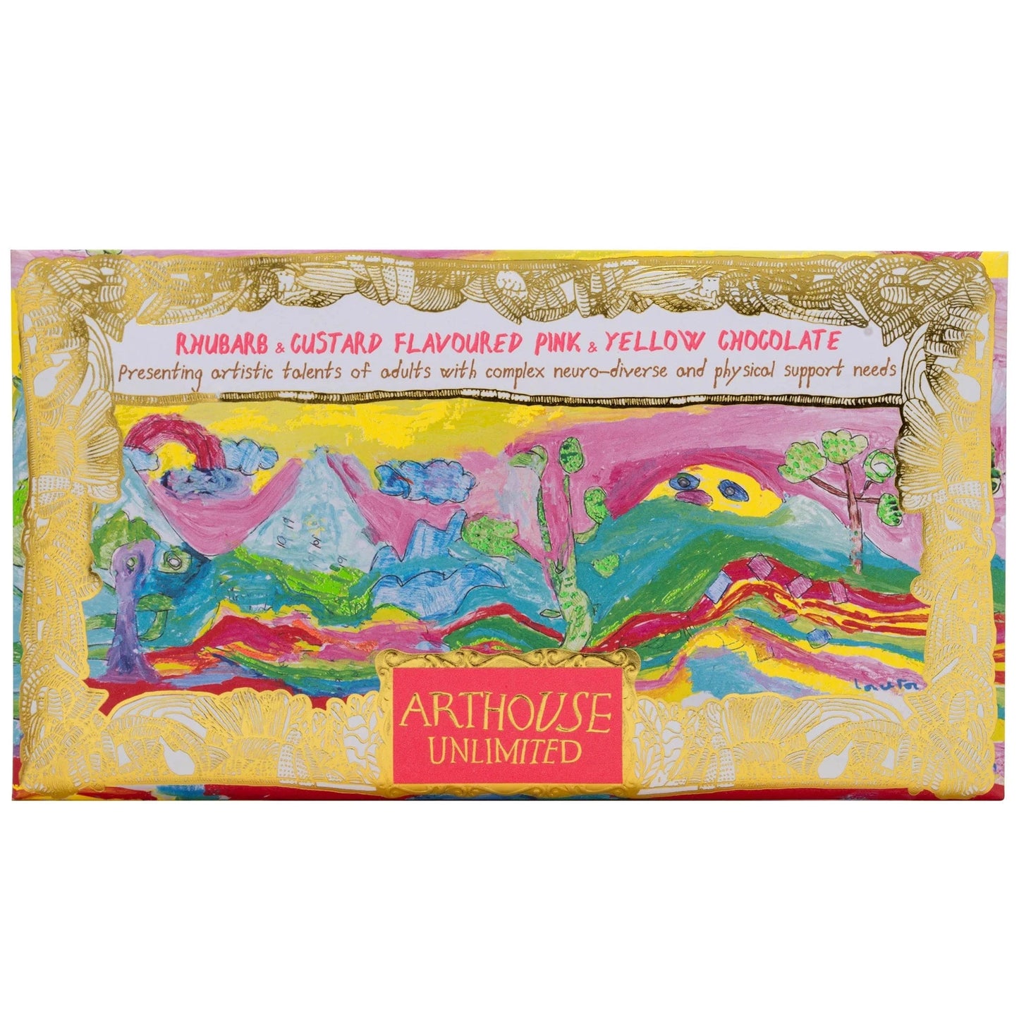 ARTHOUSE UNLIMITED Chocolate Peace, Rhubarb & Custard Flavoured Pink & Yellow Chocolate Bar