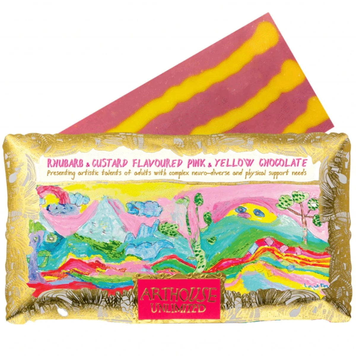 ARTHOUSE UNLIMITED Chocolate Peace, Rhubarb & Custard Flavoured Pink & Yellow Chocolate Bar