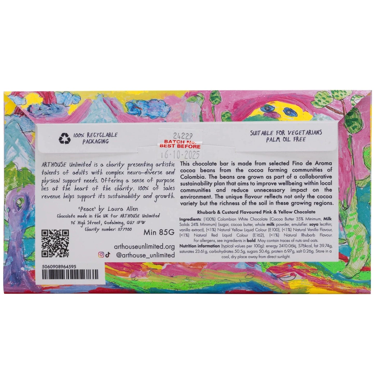 ARTHOUSE UNLIMITED Chocolate Peace, Rhubarb & Custard Flavoured Pink & Yellow Chocolate Bar