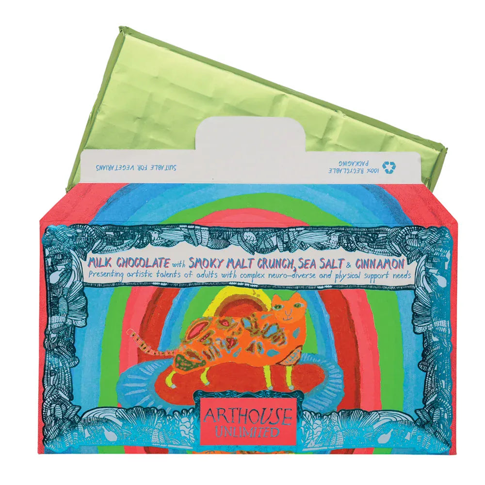 ARTHOUSE UNLIMITED Chocolate Rainbow Cat, Milk Chocolate Bar with Smoky Malt Crunch, Sea Salt & Cinnamon
