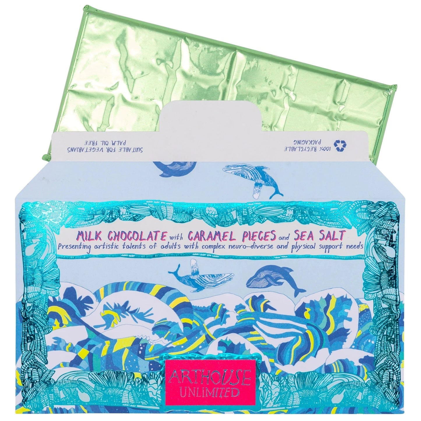 ARTHOUSE UNLIMITED Chocolate Swim with Whales, Milk Chocolate Bar with Caramel & Sea Salt