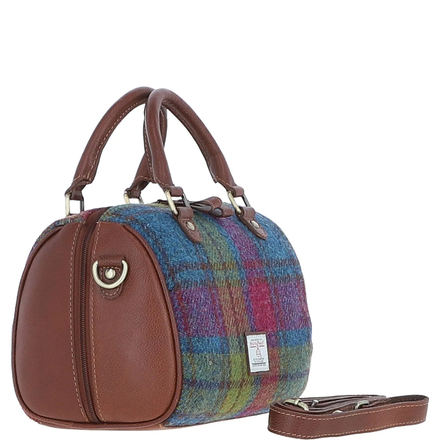Ashwood Leather Bags Medium Barrel Bag Tan/Purple Ashwood Leather & Harris Tweed® Cloth