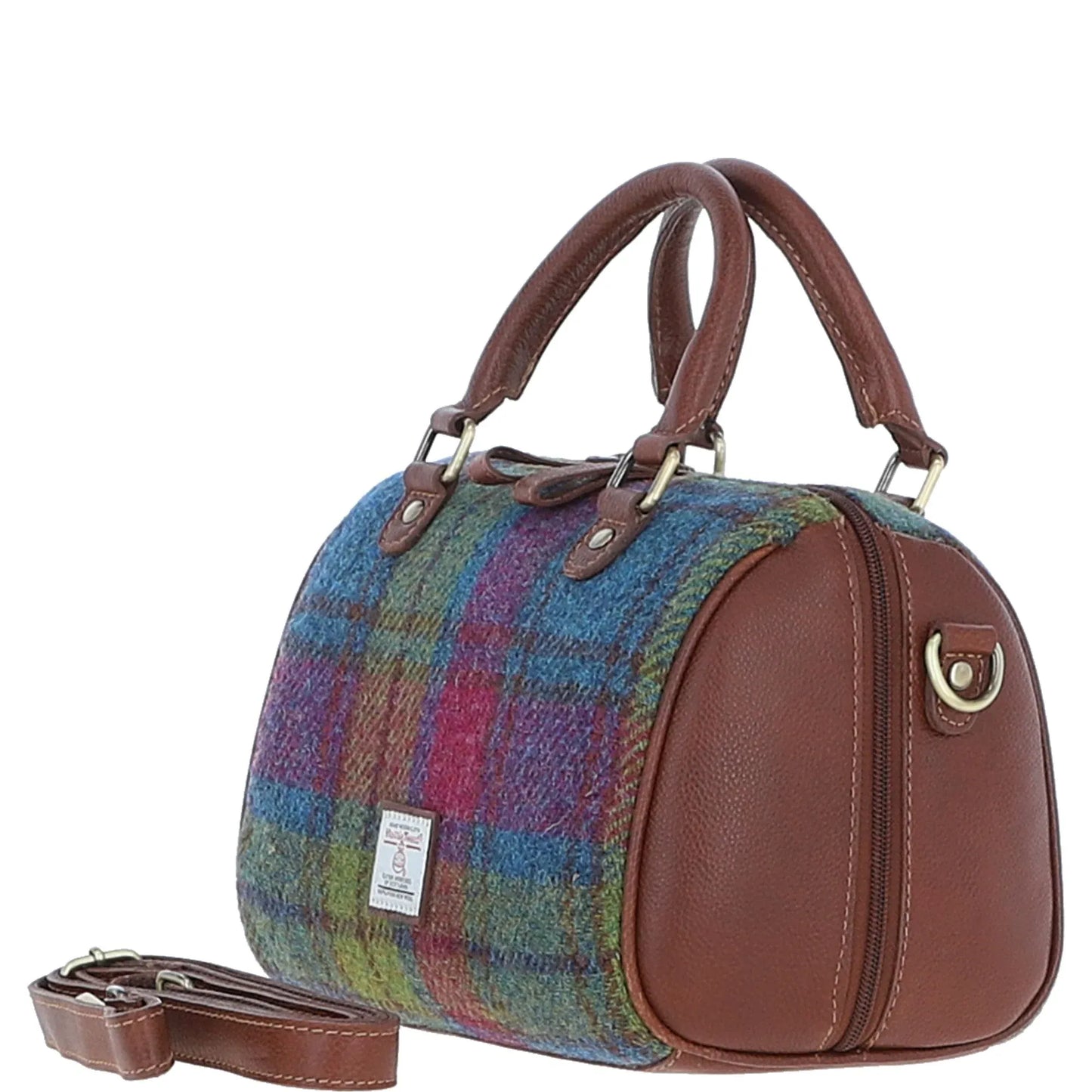Ashwood Leather Bags Medium Barrel Bag Tan/Purple Ashwood Leather & Harris Tweed® Cloth