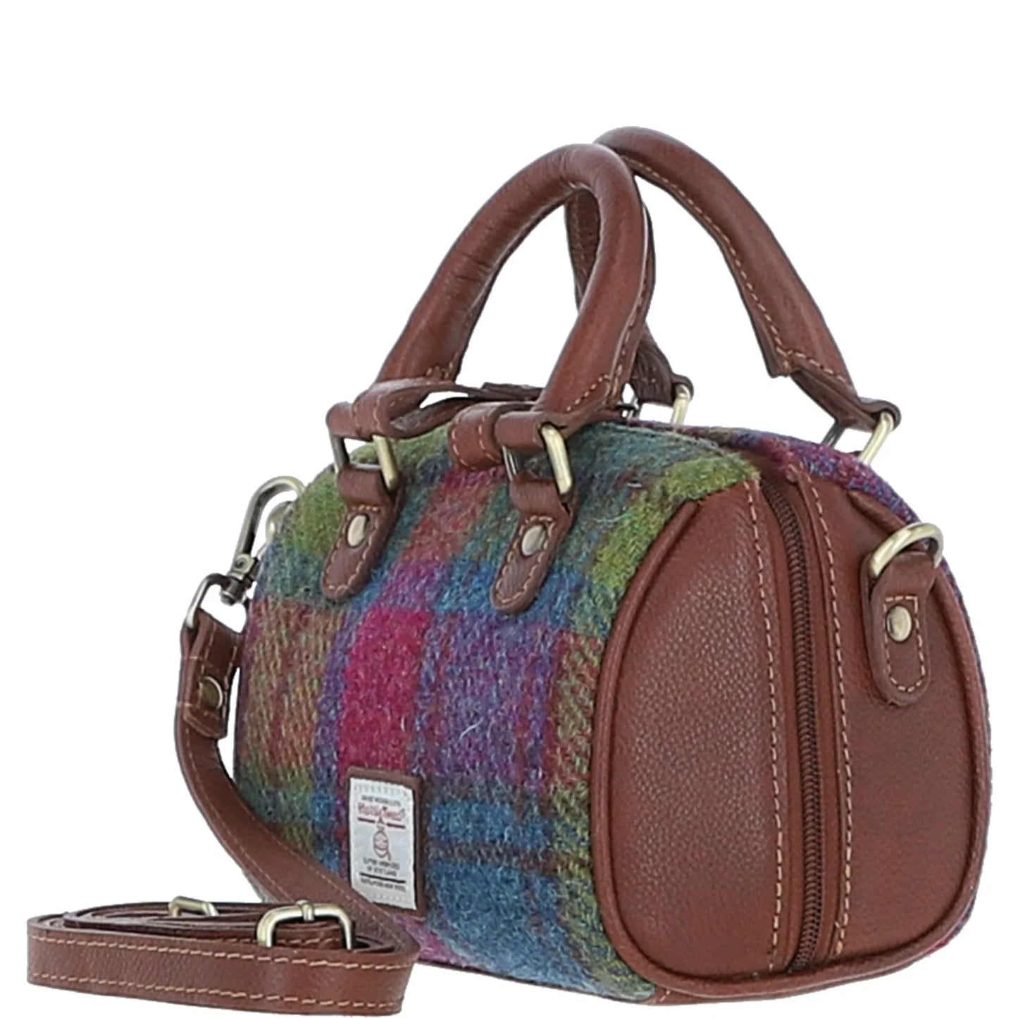 Ashwood Leather Bags Small Barrel Bag Tan/Purple Ashwood Leather & Harris Tweed® Cloth