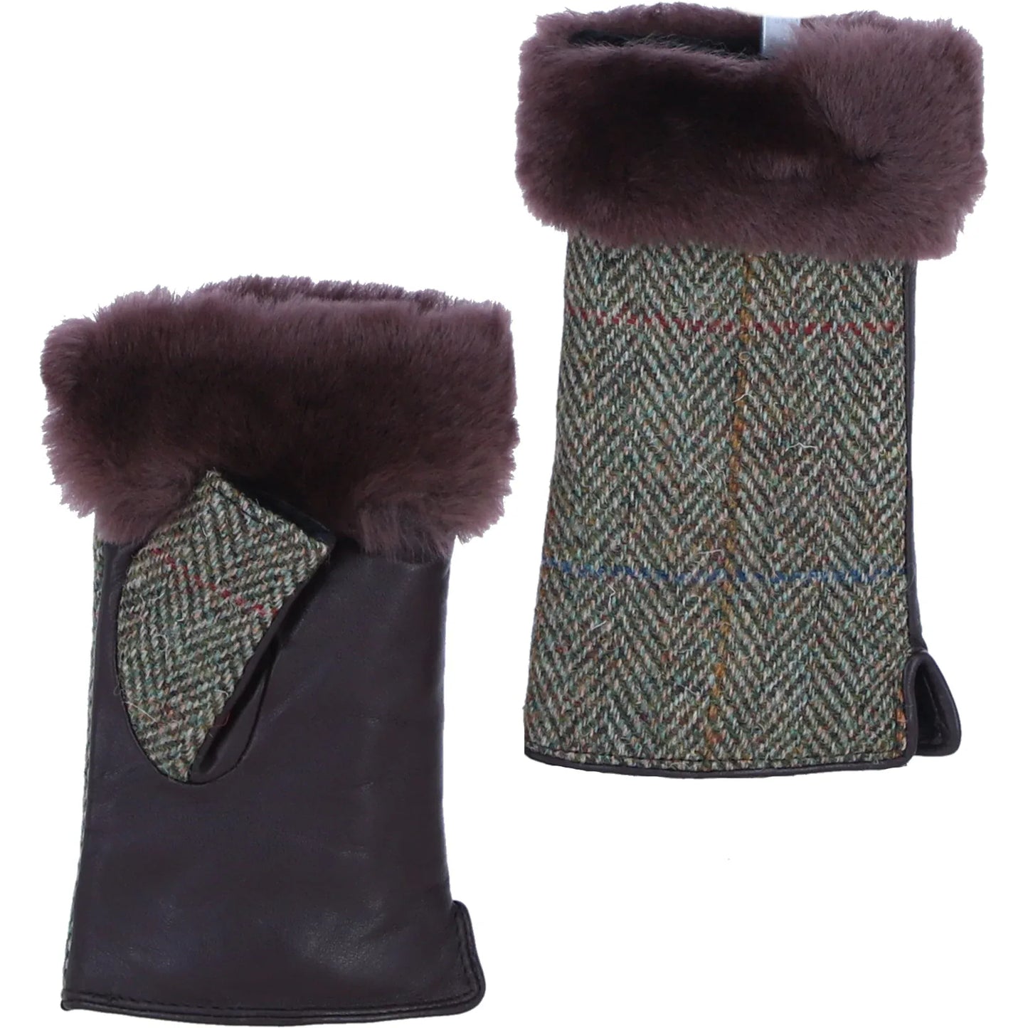 Ashwood Leather Hats & Gloves Leather and Harris Tweed Fingerless Gloves in Brown and Green
