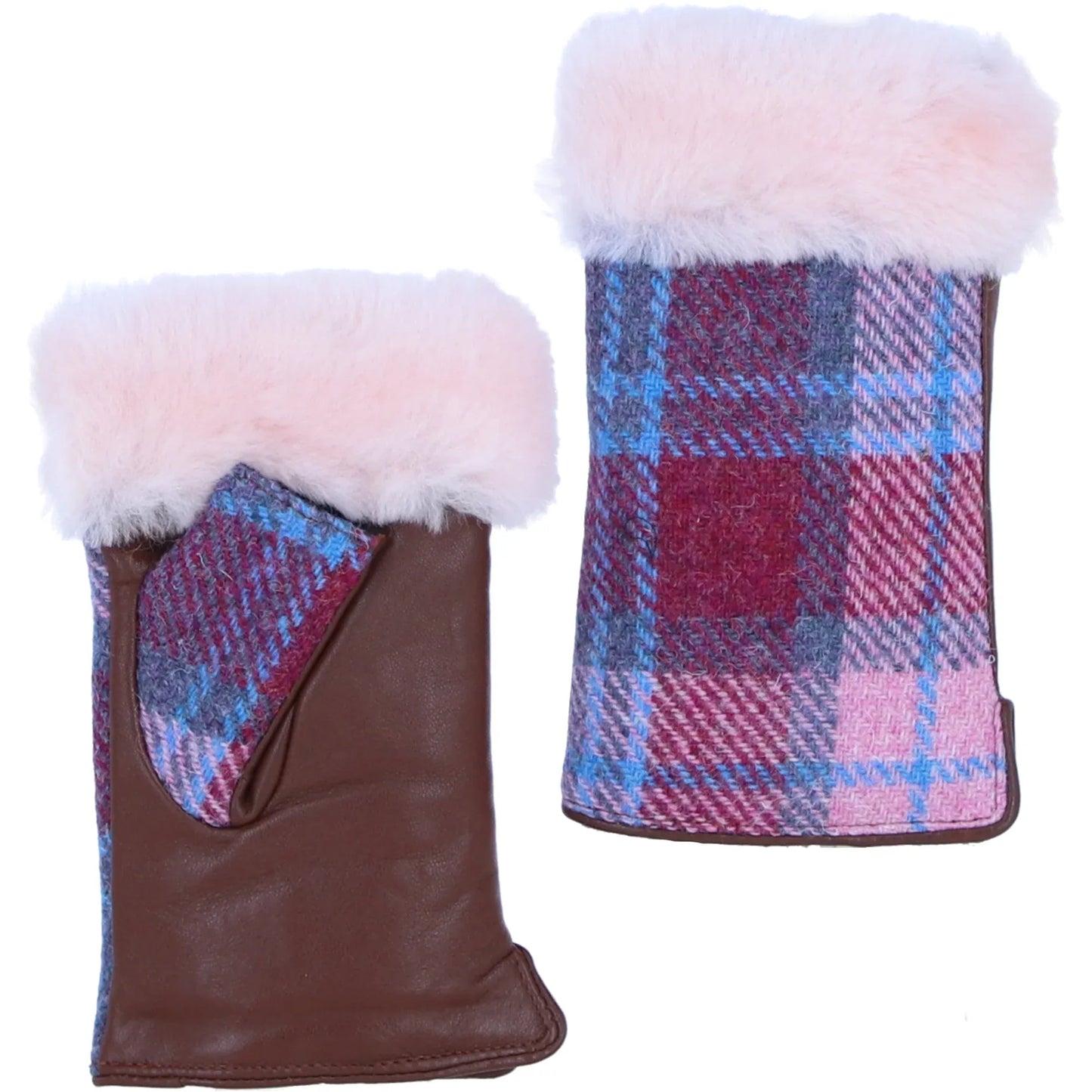 Ashwood Leather Hats & Gloves Leather X Harris Tweed Ladies Fingerless Fluffy Fur Fingerless gloves in Baby Pink/Pink