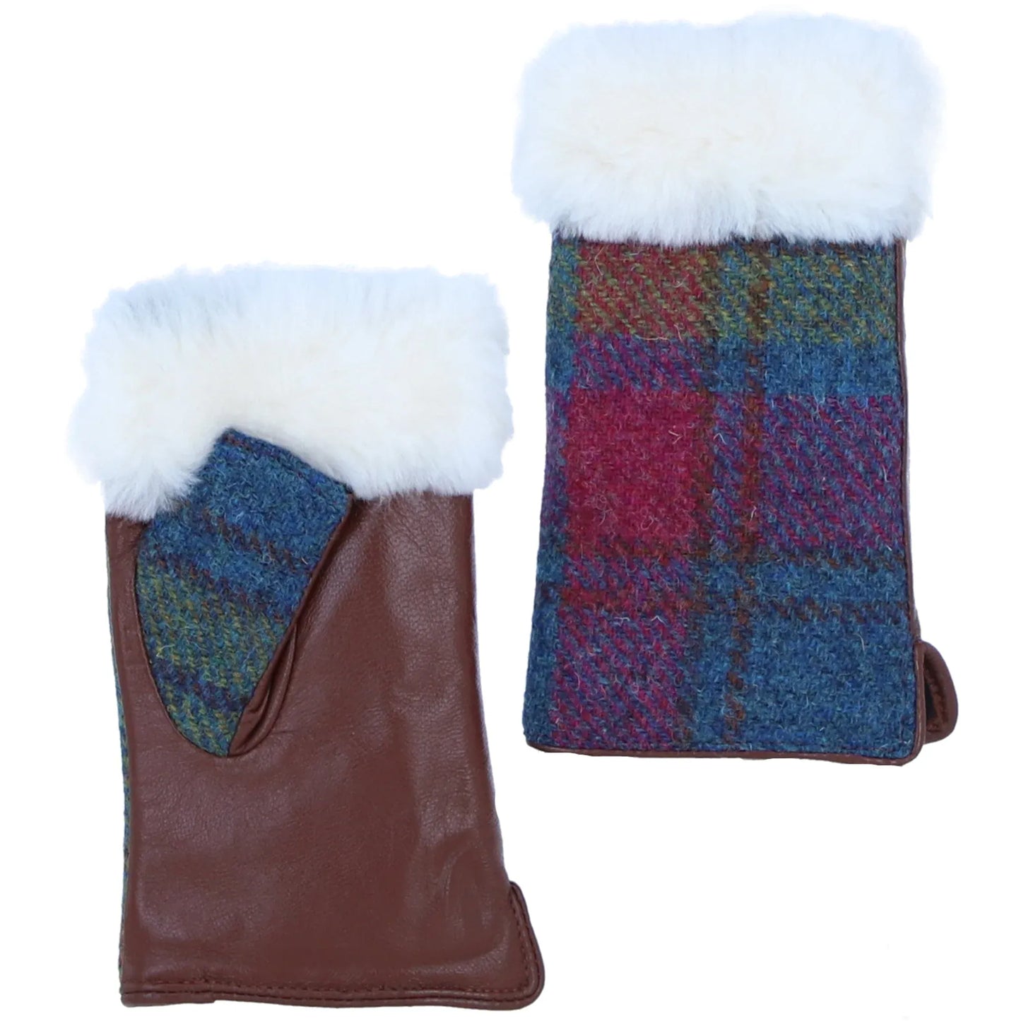Ashwood Leather Hats & Gloves Leather X Harris Tweed Ladies Fingerless Fluffy Fur Fingerless Gloves in Tan/Purple