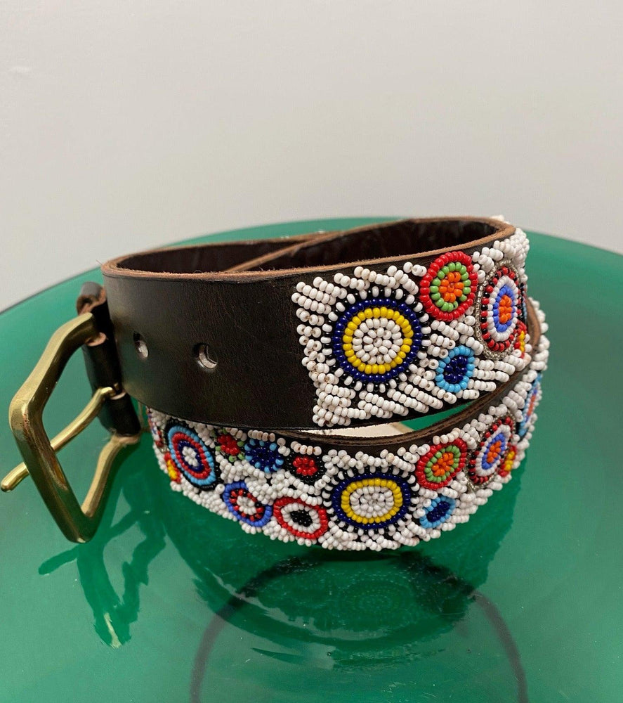 Circles Beaded Belt on Coffee Leather