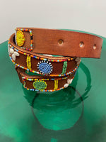 ASPIGA Belts Shell Belt Rainbow Beads on Tan