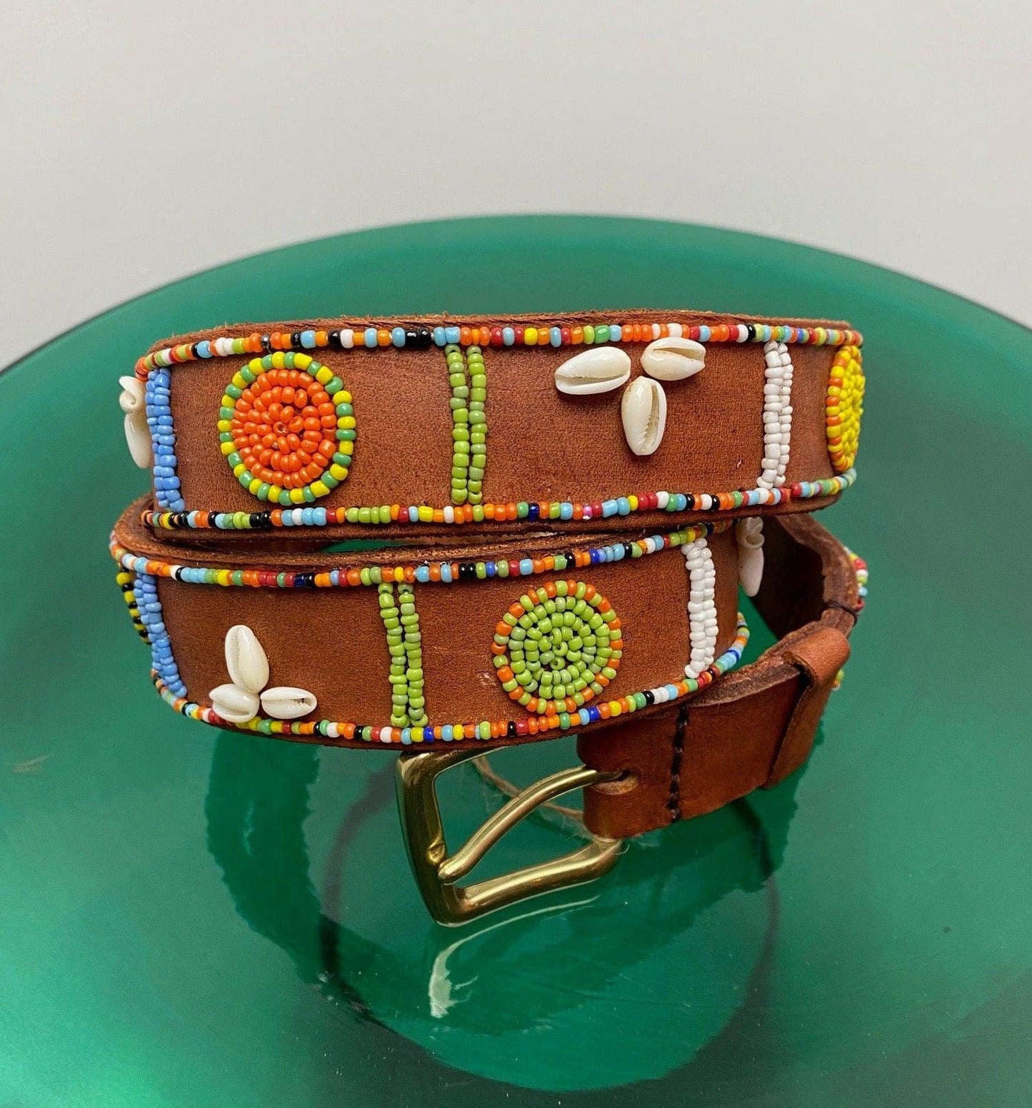 ASPIGA Belts Shell Belt Rainbow Beads on Tan