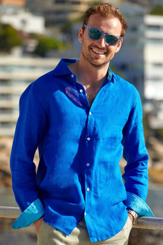 ASPIGA Mens Linen Shirt in Cobalt Blue