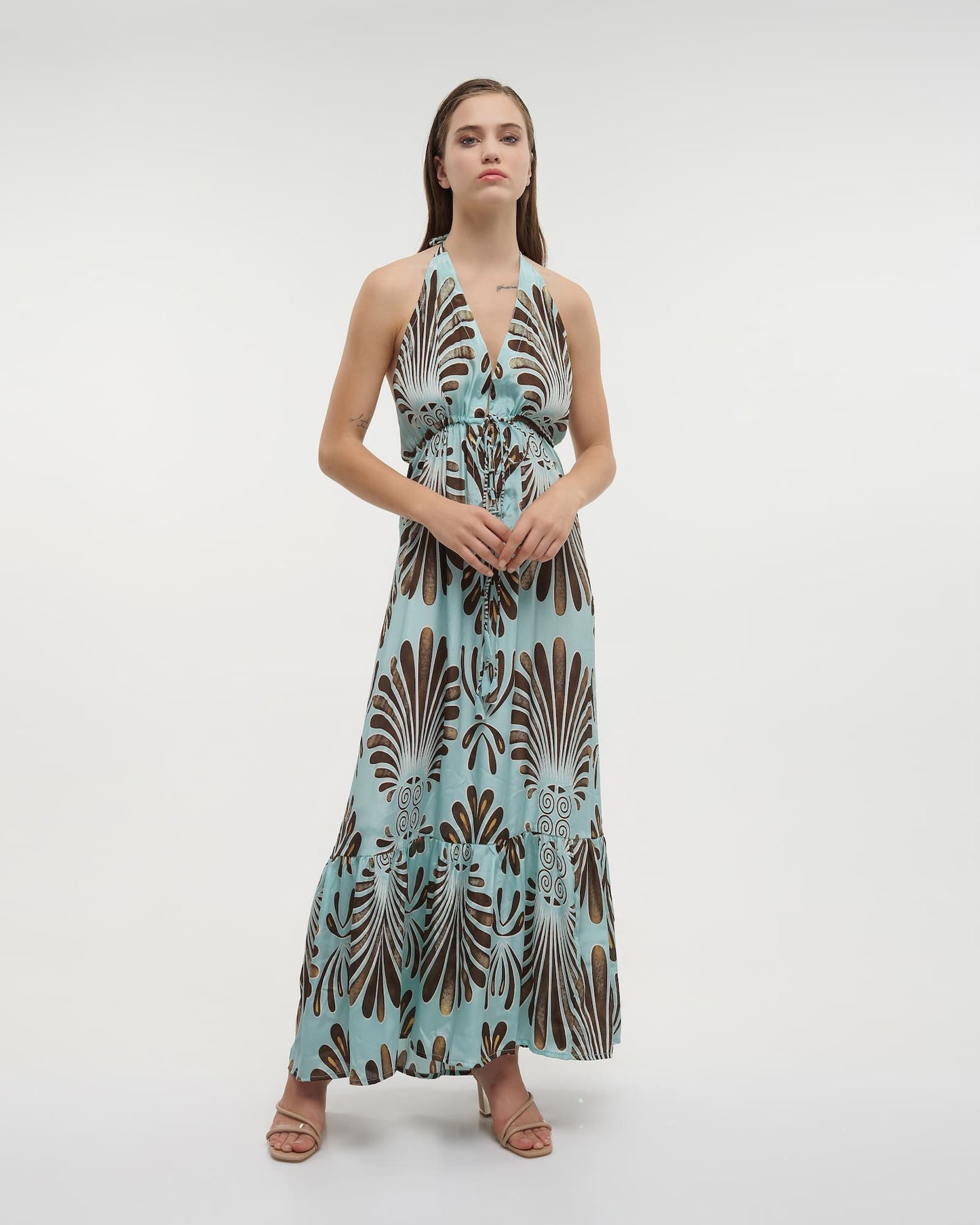 Ble Resortwear Dresses ONE SIZE Santorini Halter Neck Dress in Mint & Brown