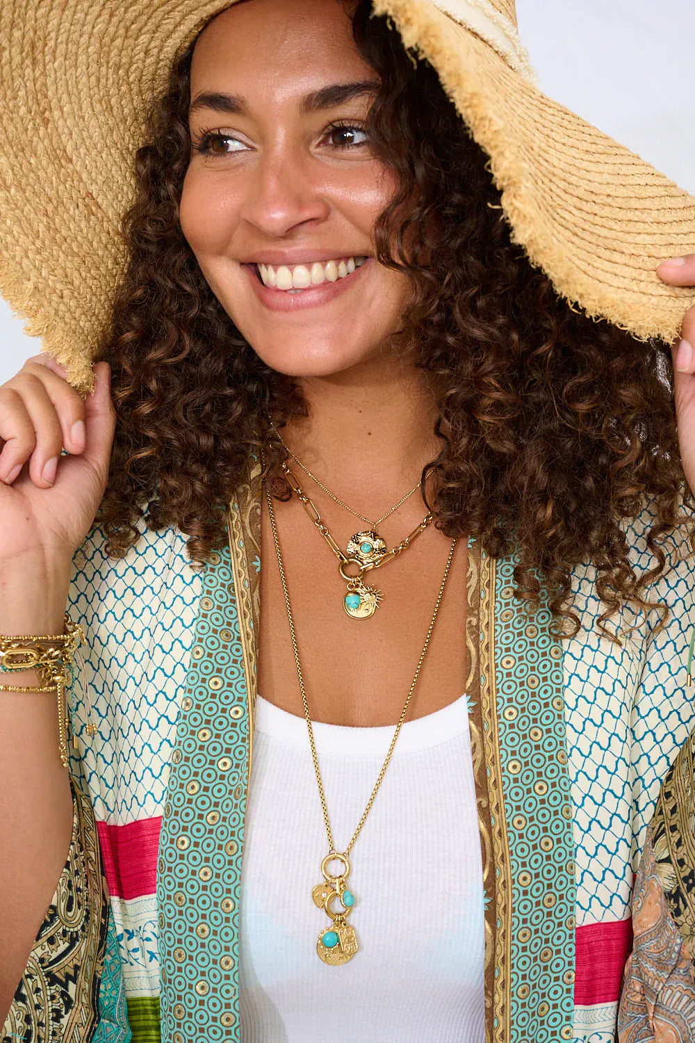 Boho Betty Necklaces Hemani Turquoise Howlite & Gold Long Charm Pendant Necklace