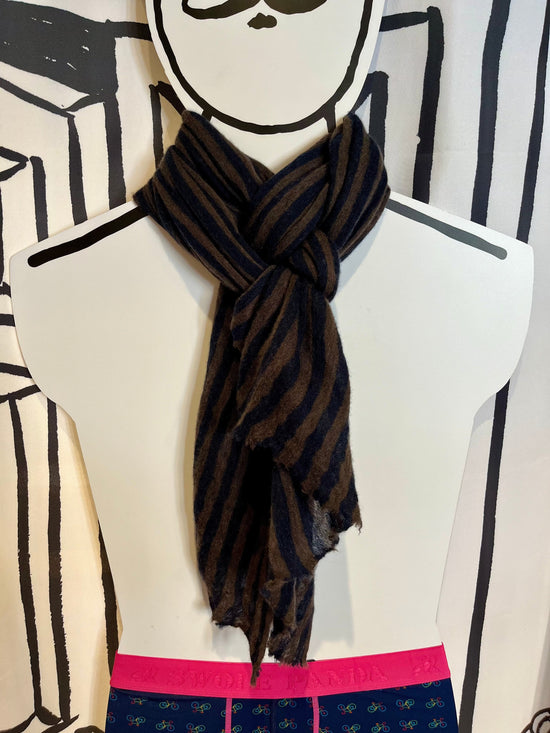 Botto Giuseppe Scarves Navy & Chocolate Stripe Melange Cashmere Scarf