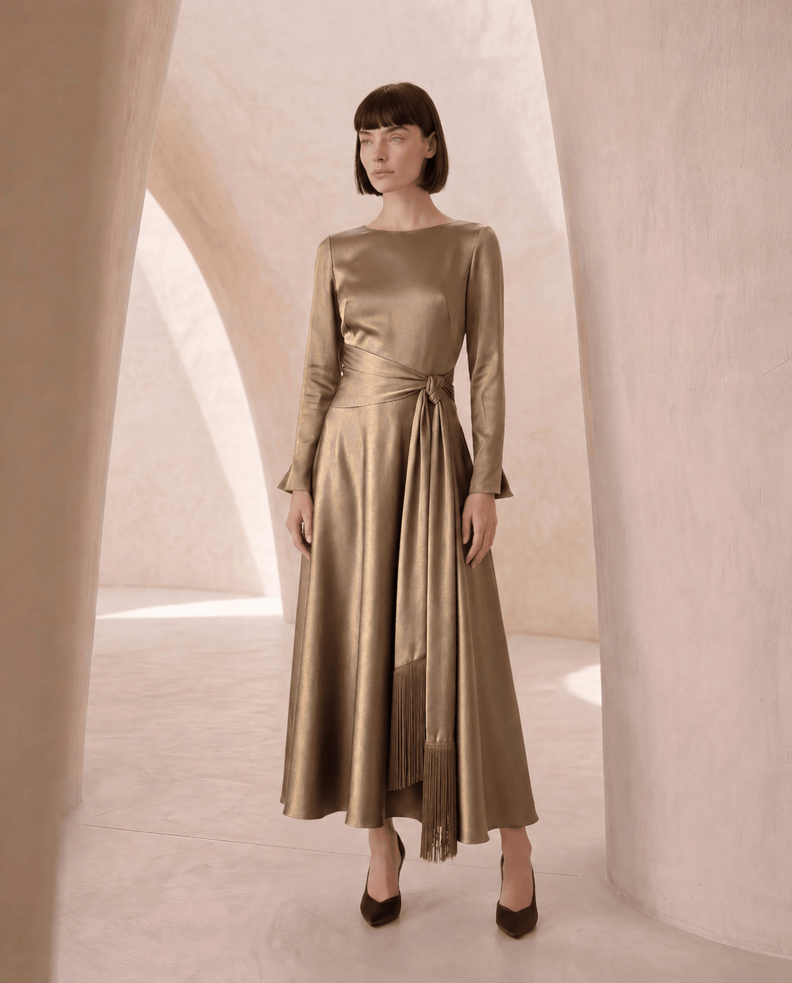 Carla Ruiz Dresses Carla Ruiz Camel Long Fringed Dress