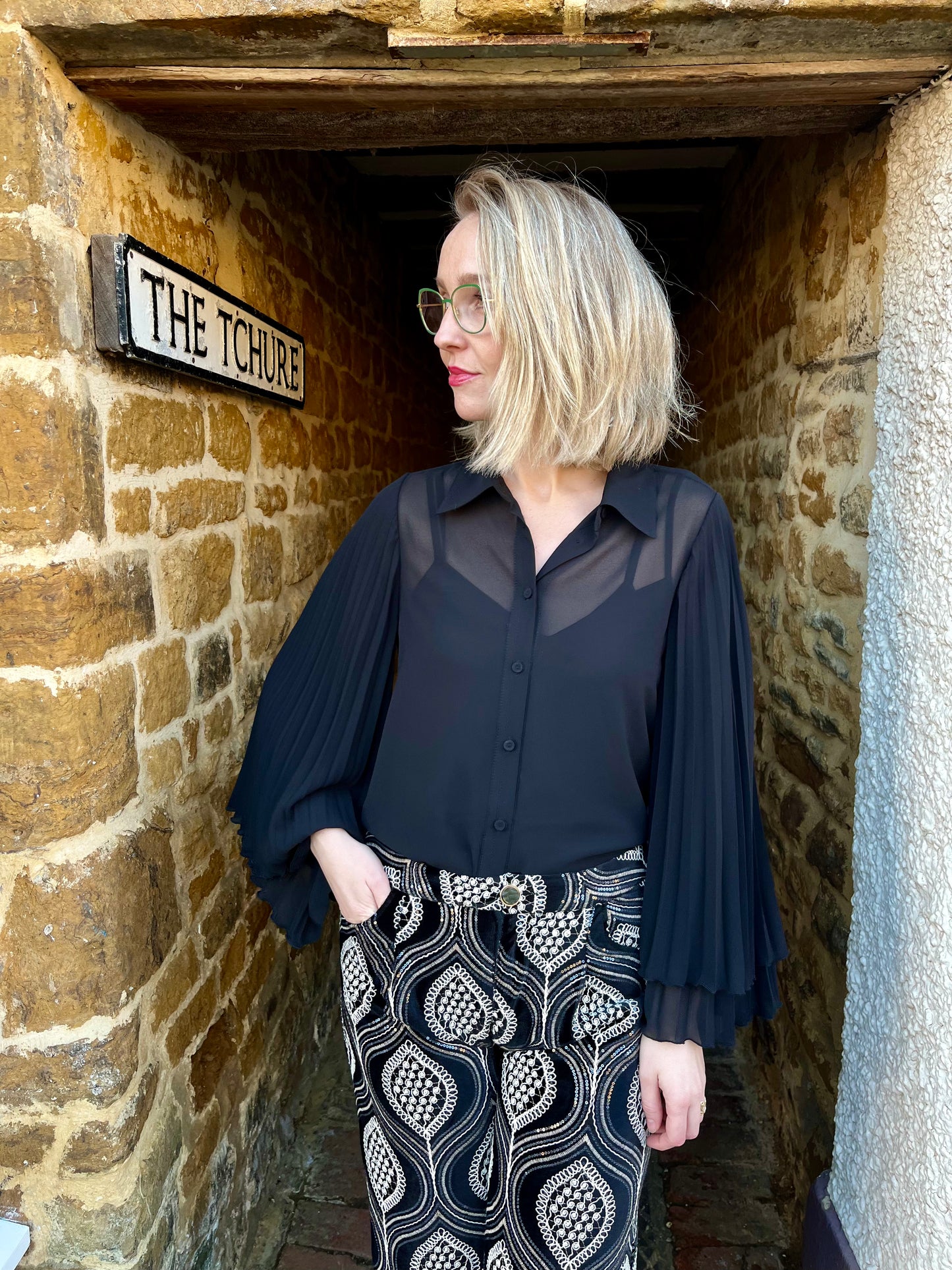 Carla Ruiz Tops Pleated Sleeve Blouse in Black