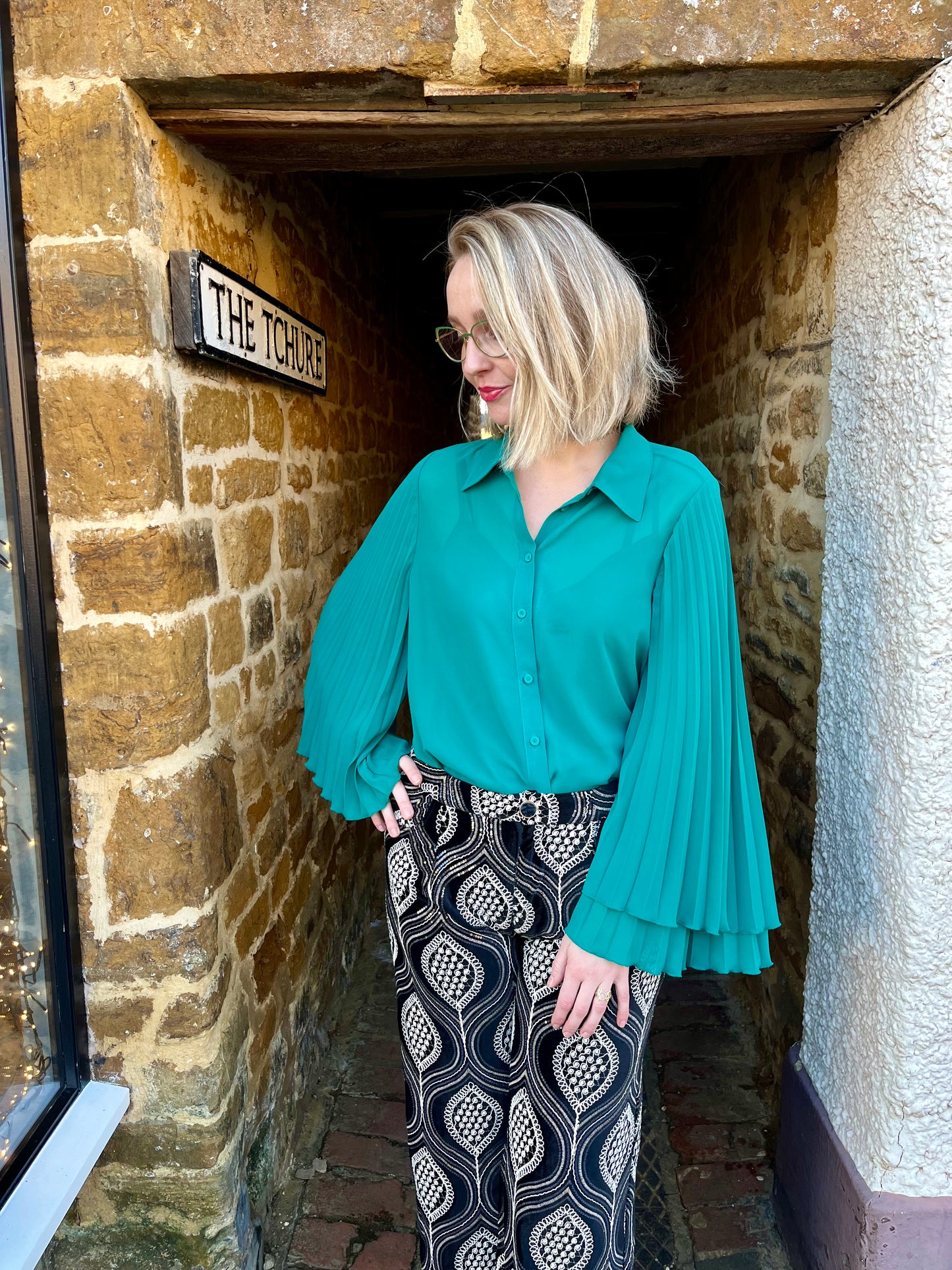 Carla Ruiz Tops Pleated Sleeve Blouse in Green