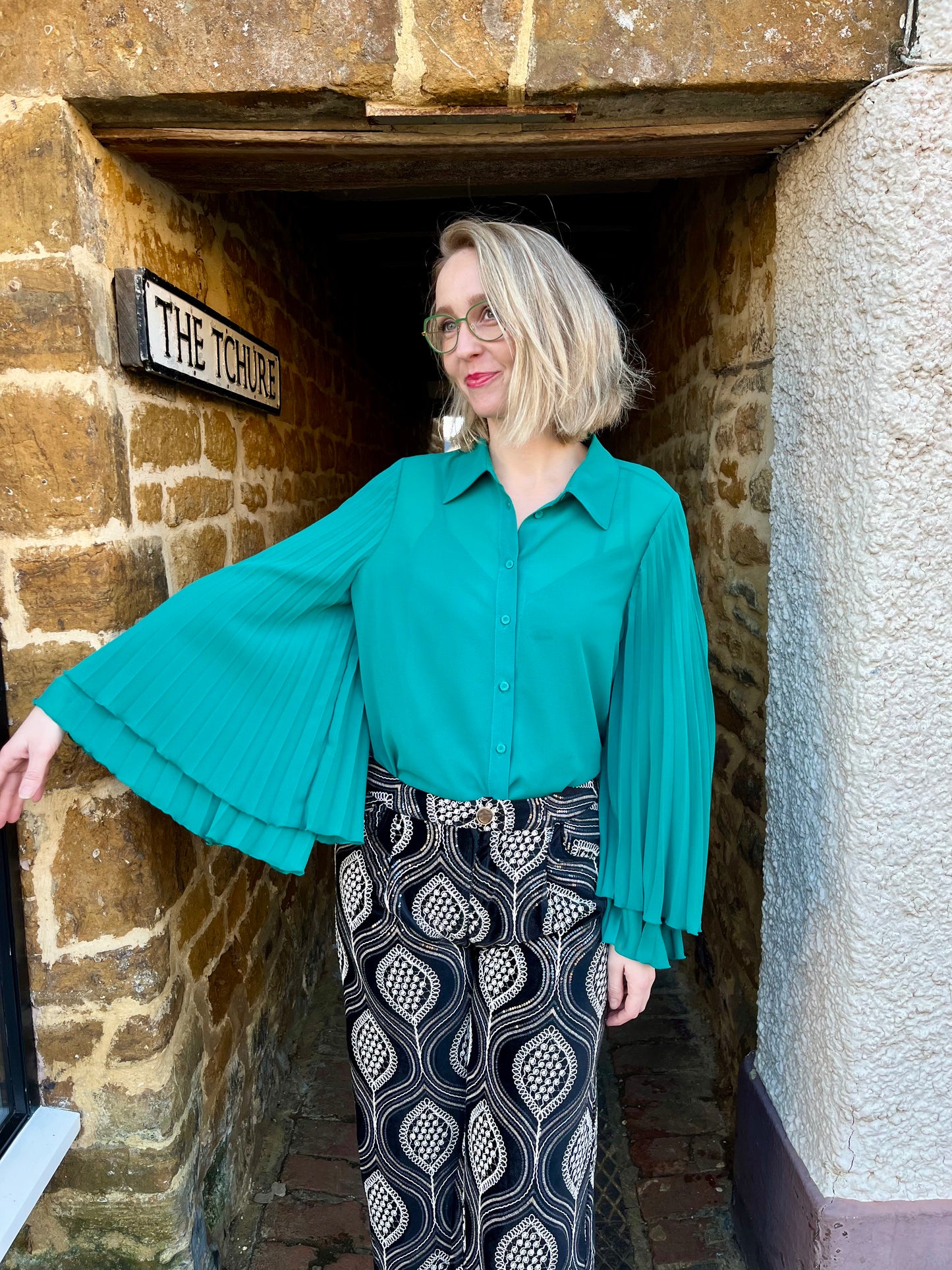 Carla Ruiz Tops Pleated Sleeve Blouse in Green
