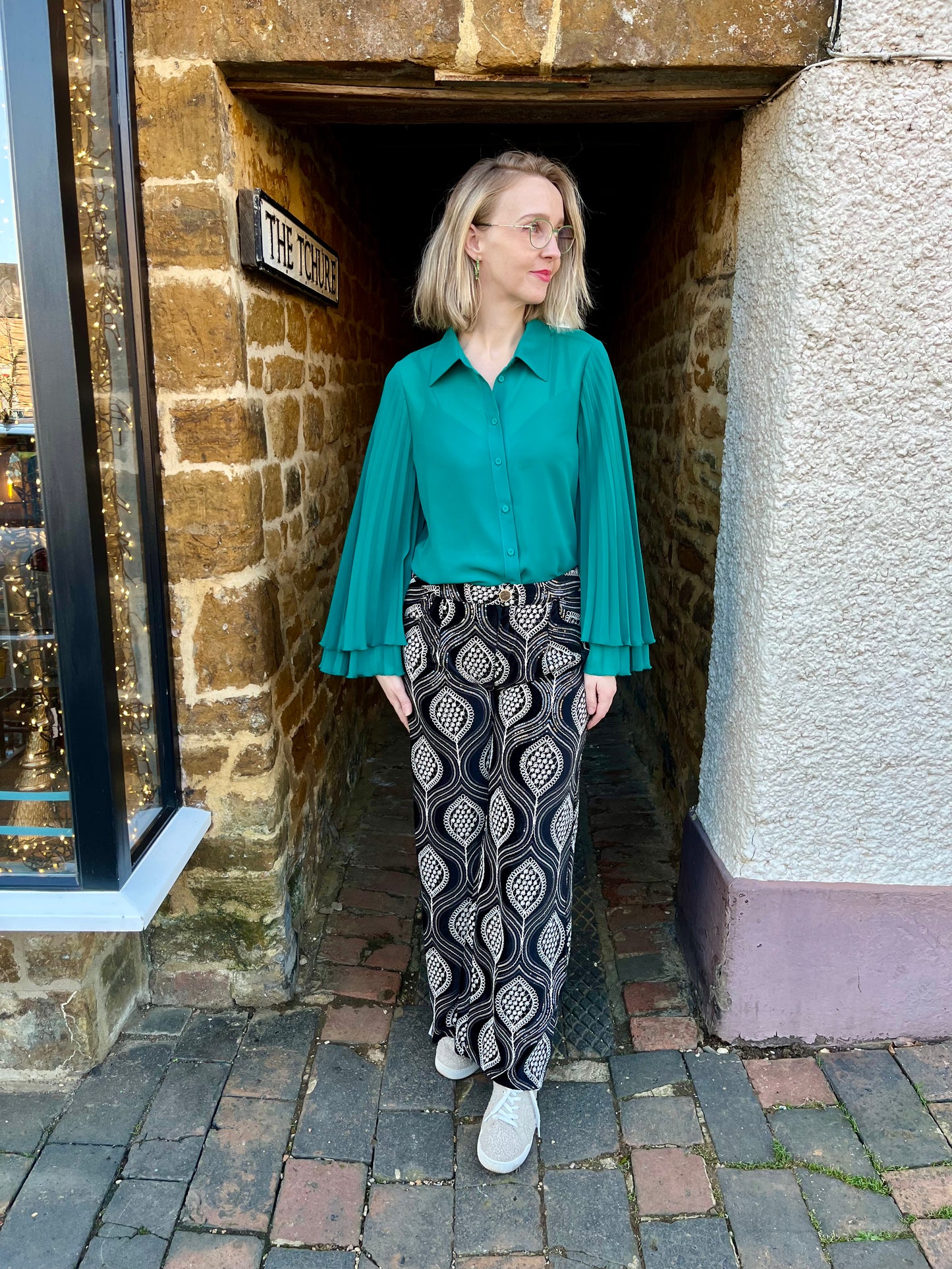 Carla Ruiz Tops Pleated Sleeve Blouse in Green