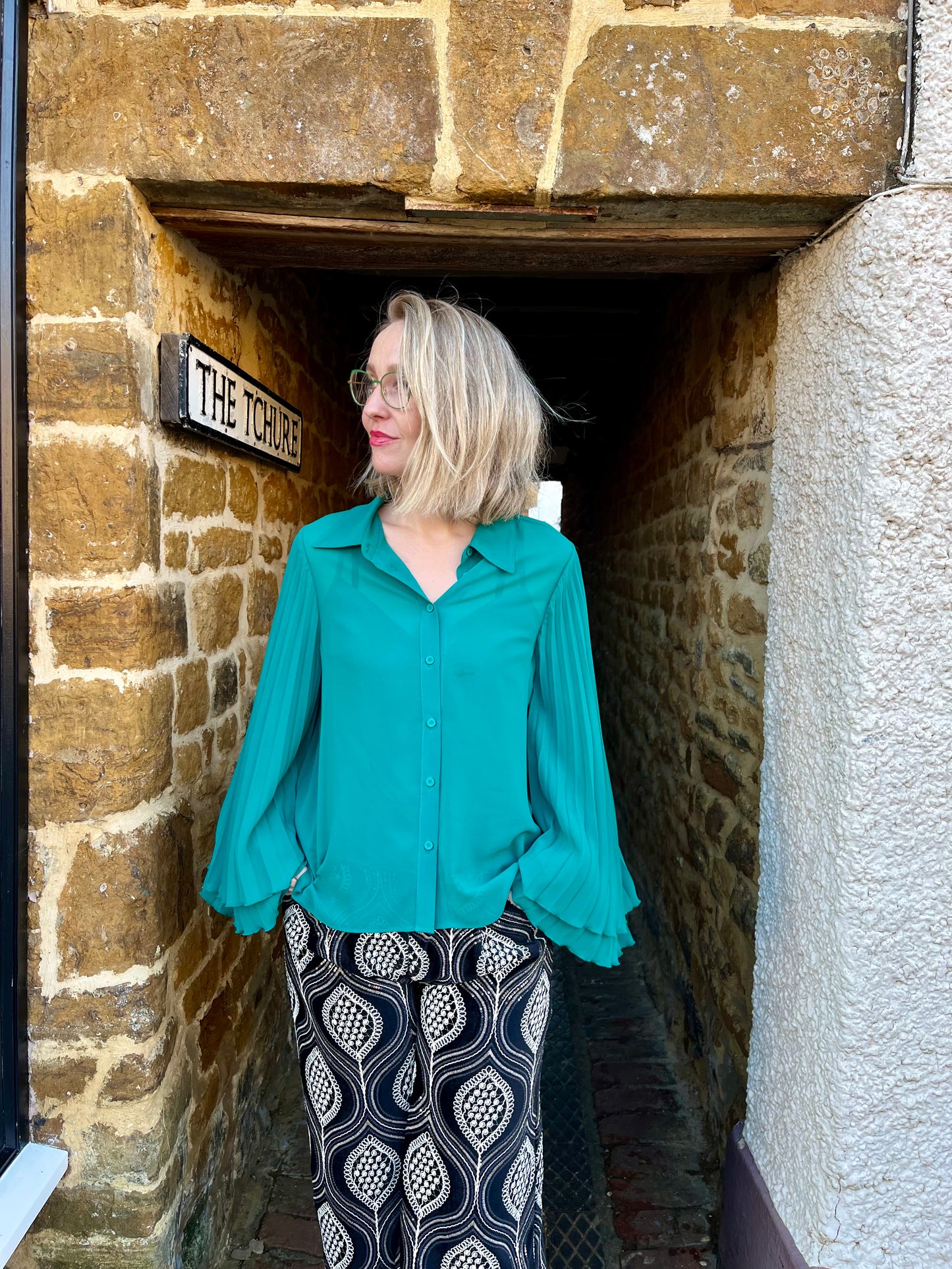 Carla Ruiz Tops Pleated Sleeve Blouse in Green