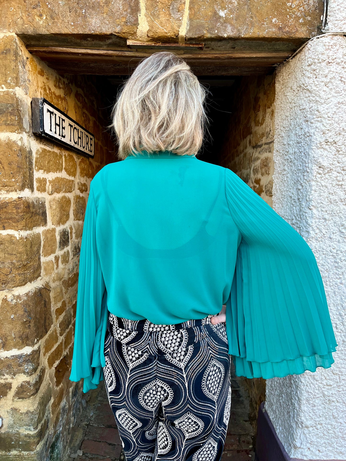 Carla Ruiz Tops Pleated Sleeve Blouse in Green
