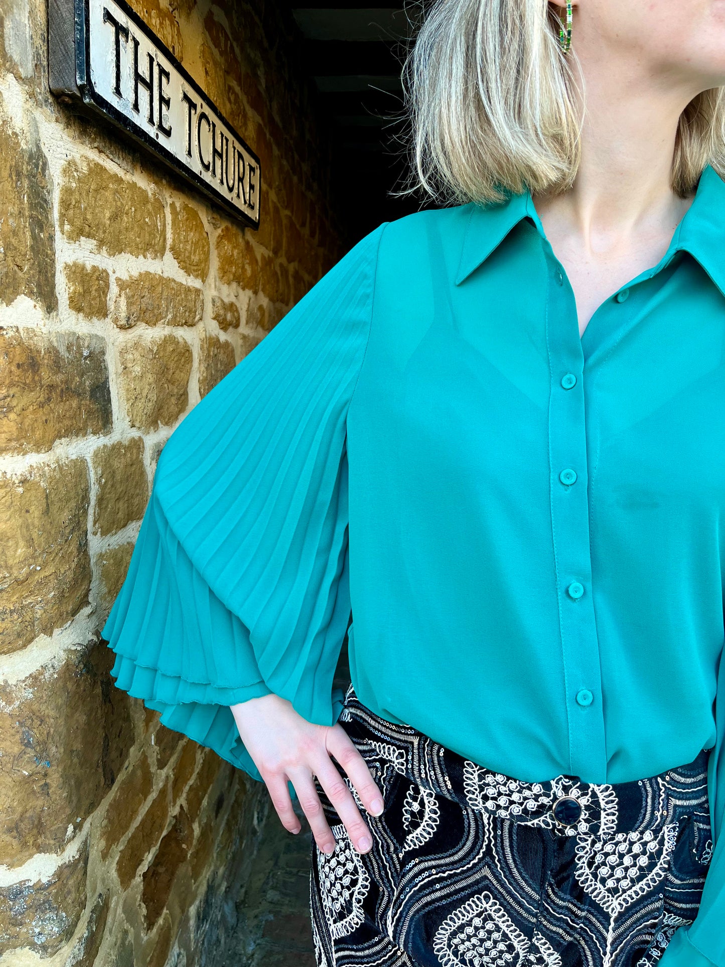 Carla Ruiz Tops Pleated Sleeve Blouse in Green