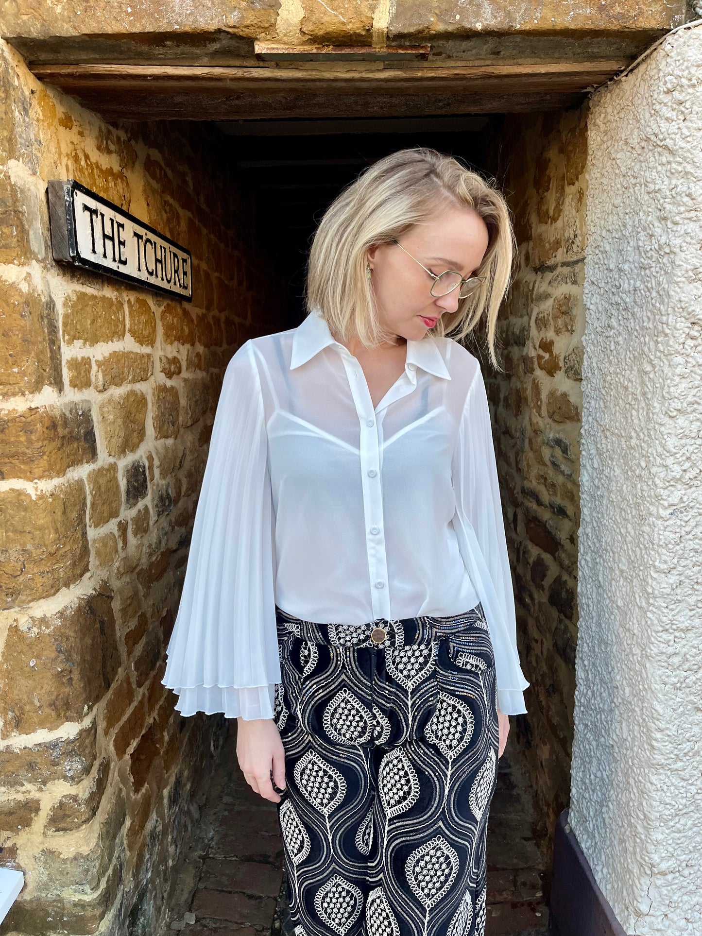 Carla Ruiz Tops Pleated Sleeve Blouse in White