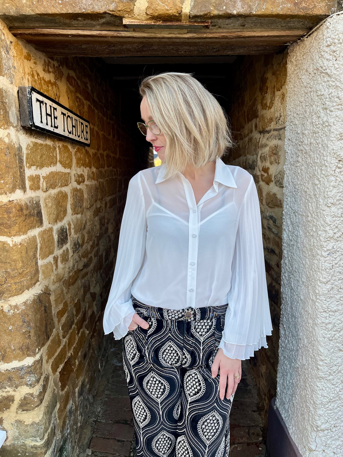 Carla Ruiz Tops Pleated Sleeve Blouse in White