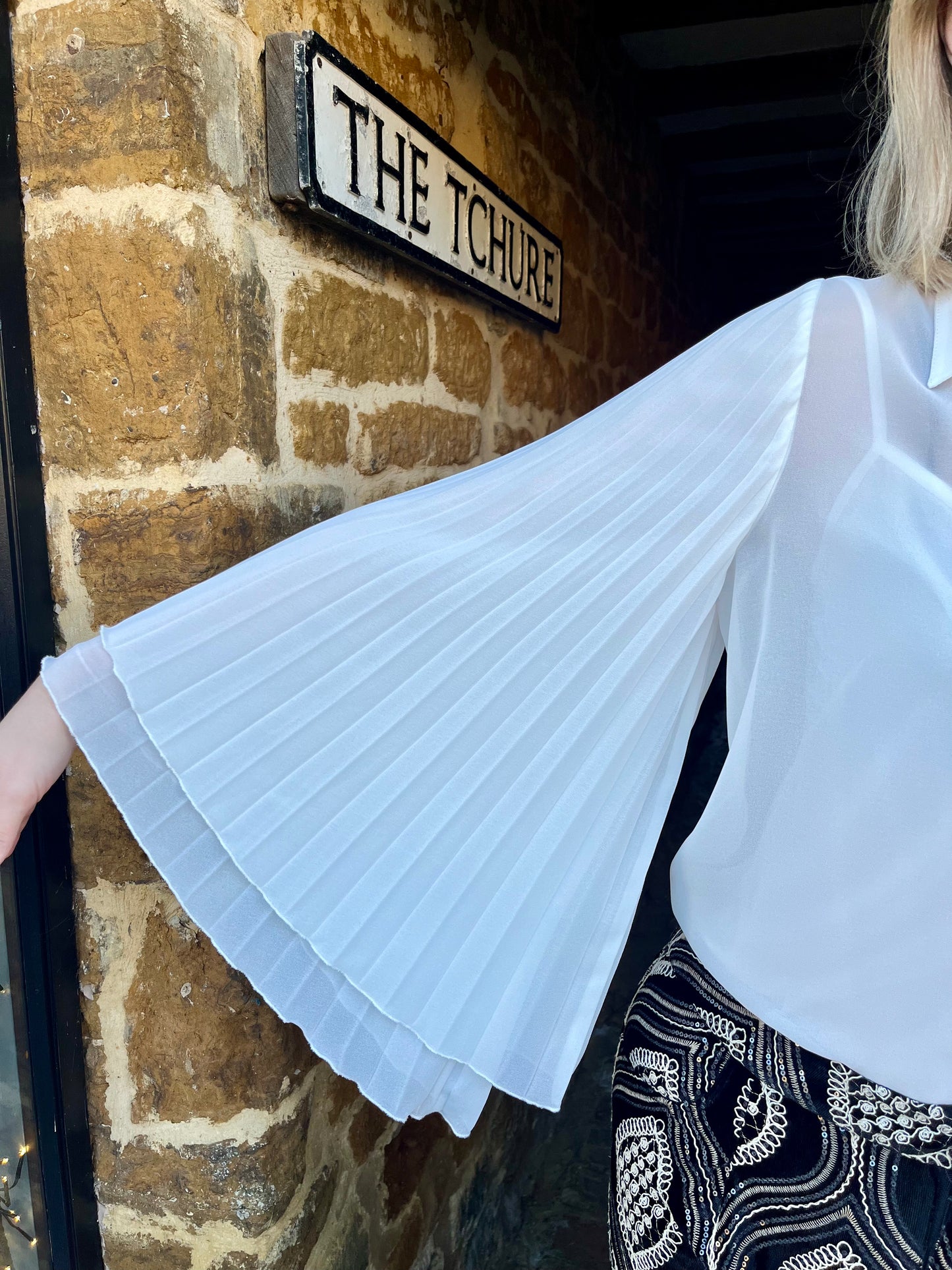 Carla Ruiz Tops Pleated Sleeve Blouse in White